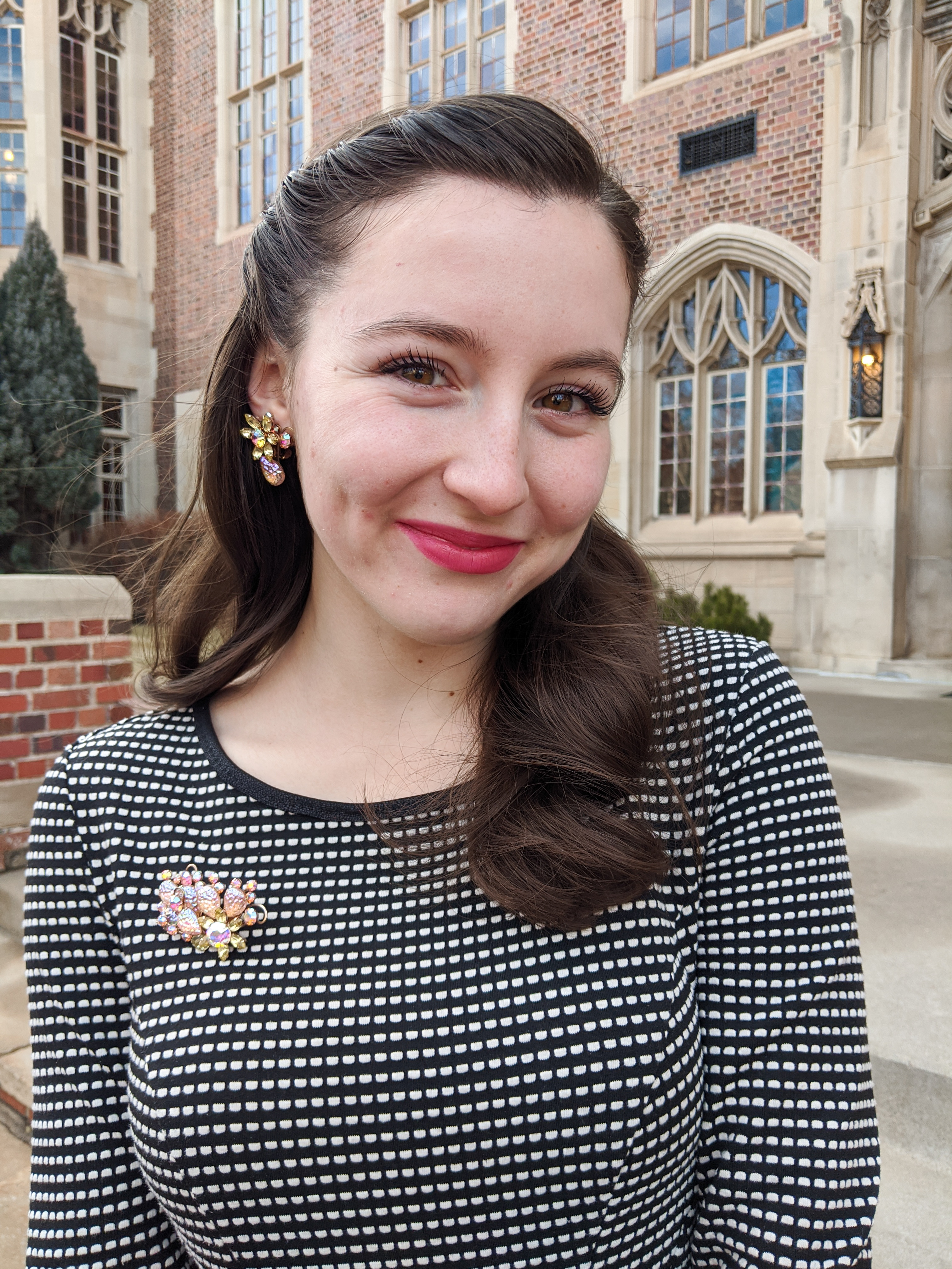 sparkly jewelry, bold lipstick, Revlon makeup, clip-on earrings, brooch