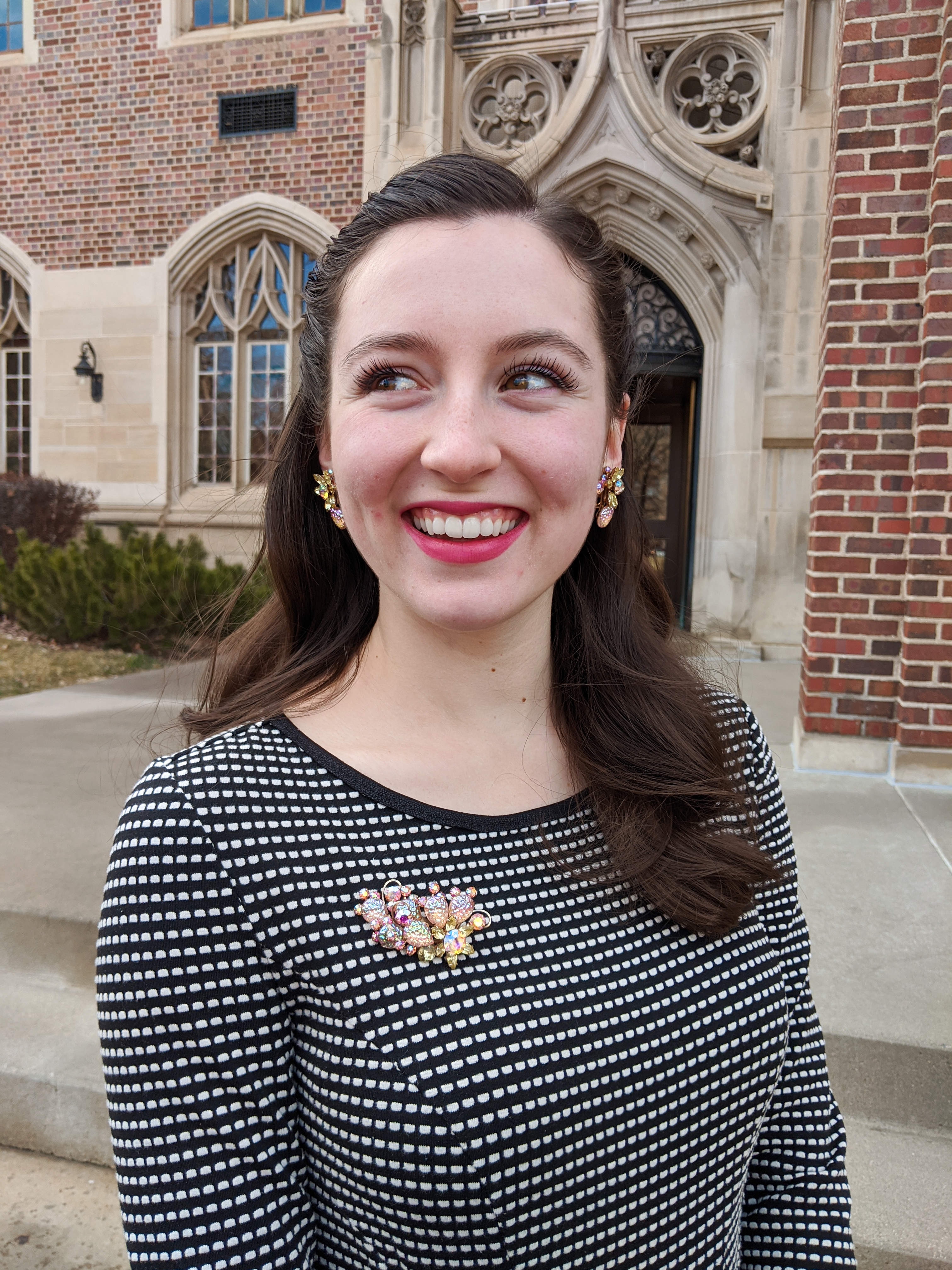 bold lipstick, clip-on earrings, heirloom jewelry, brooches