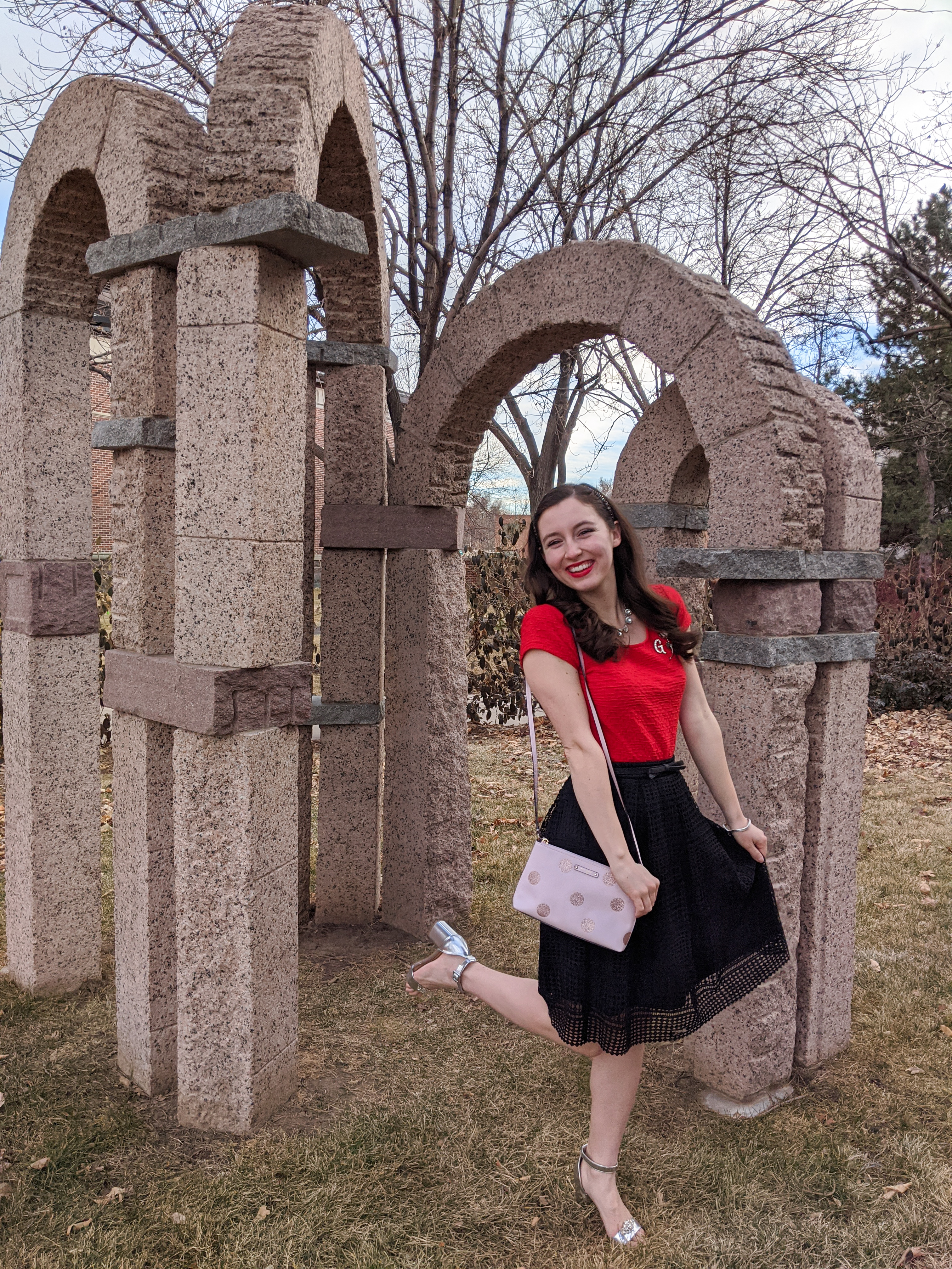 Valentine's Day outfit, red and black outfit, silver heels