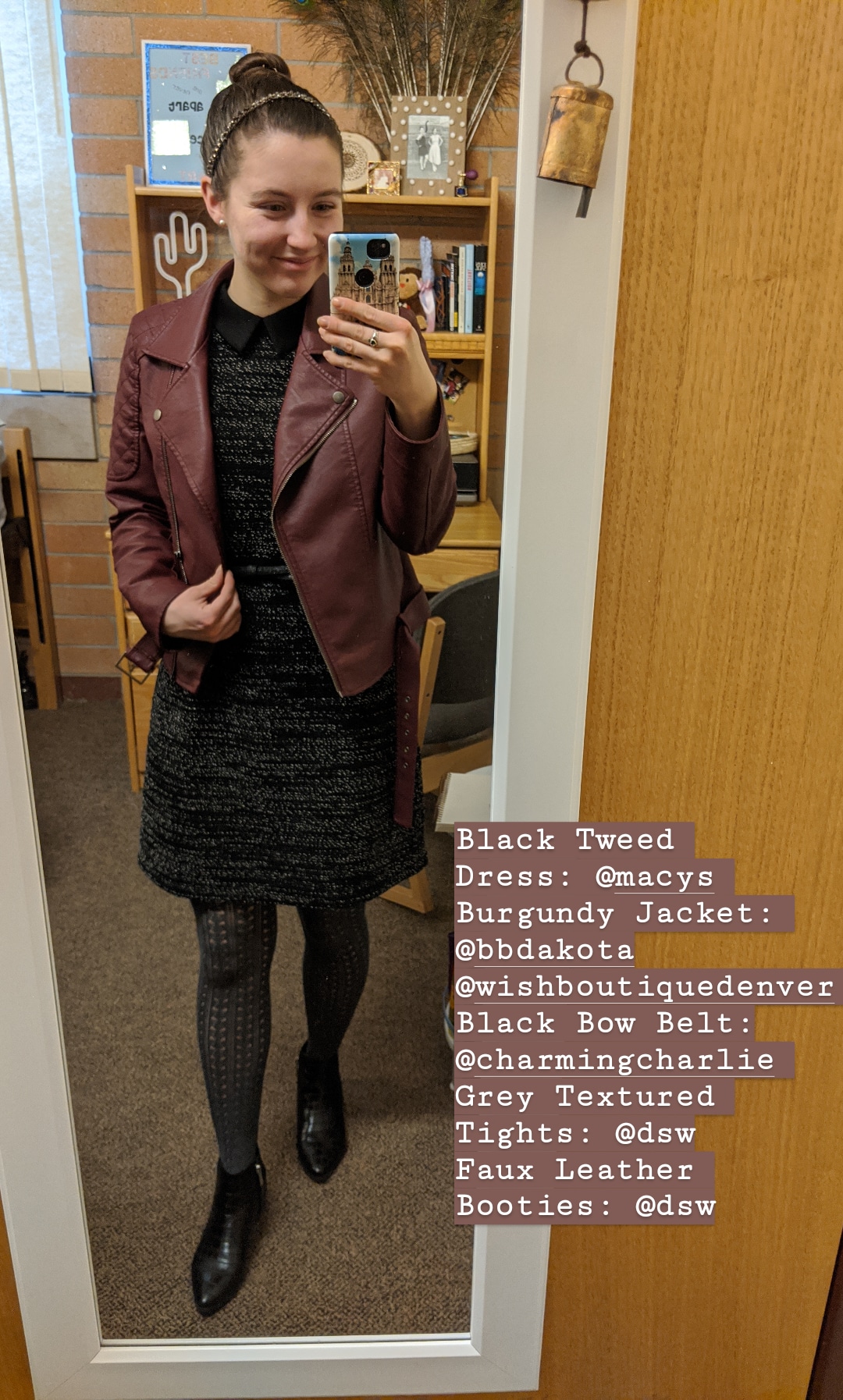 burgundy jacket, black collared dress, grey textured tights