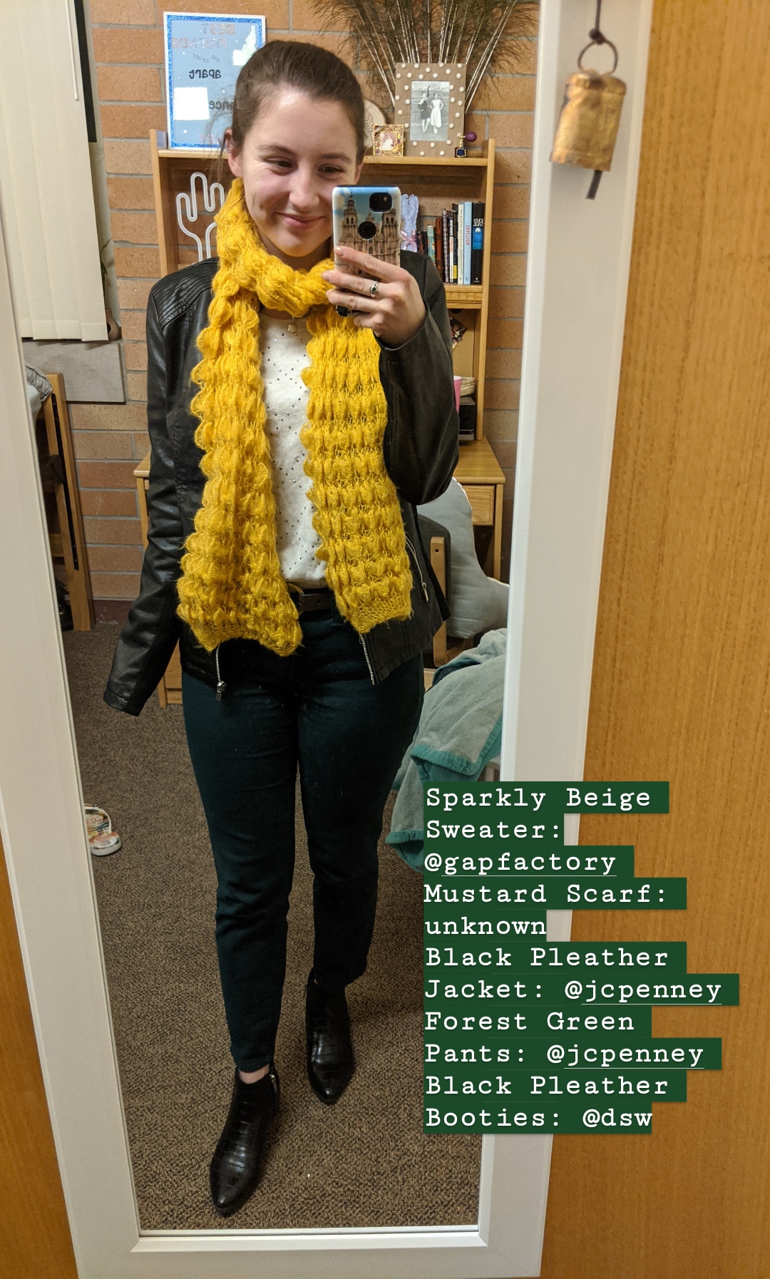 black pleather jacket, green pants, mustard scarf