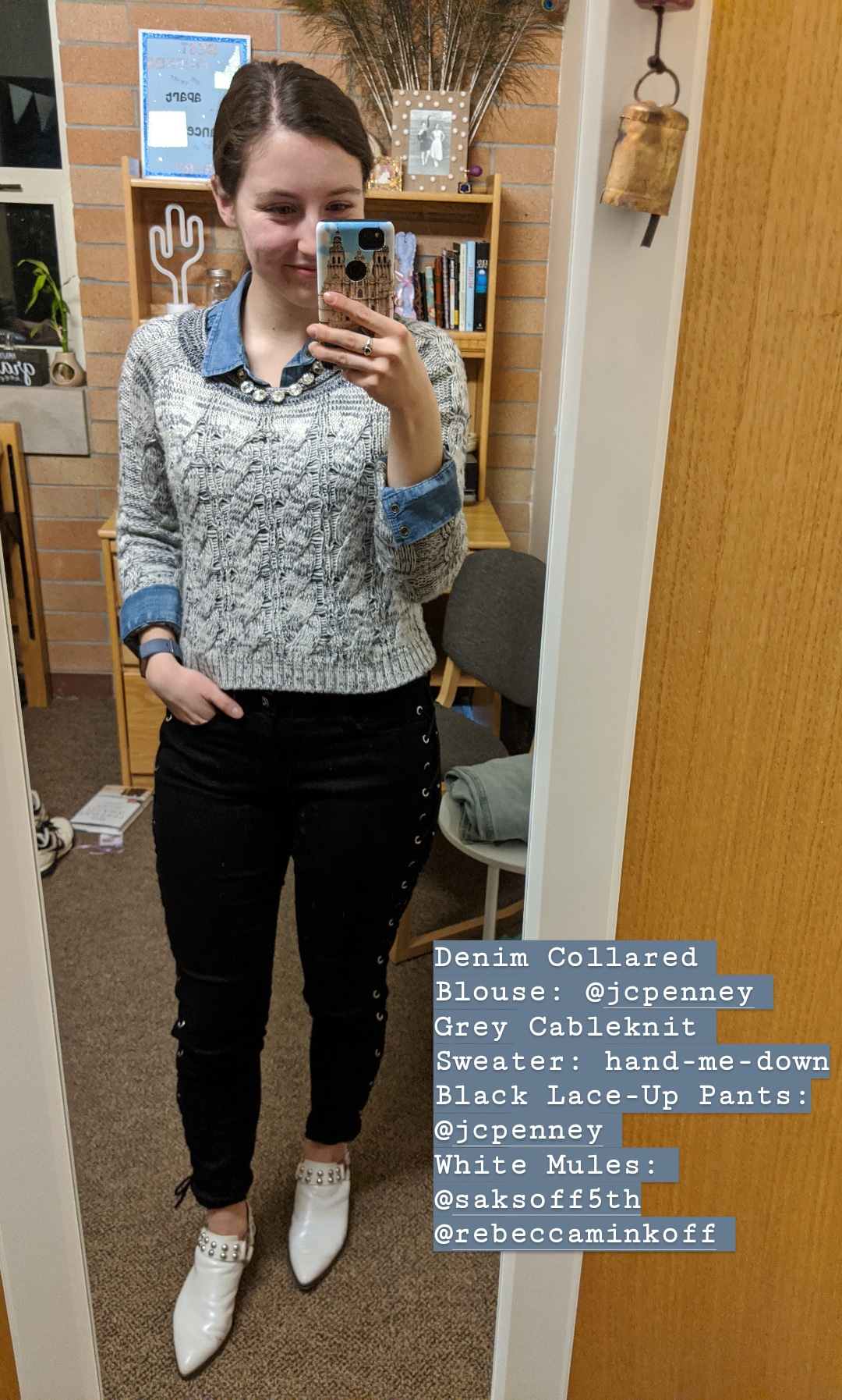 grey sweater, denim blouse, black lace-up pants, white mules