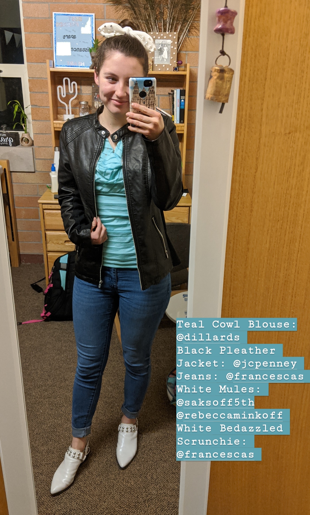 white bow scrunchie, white mules, teal blouse