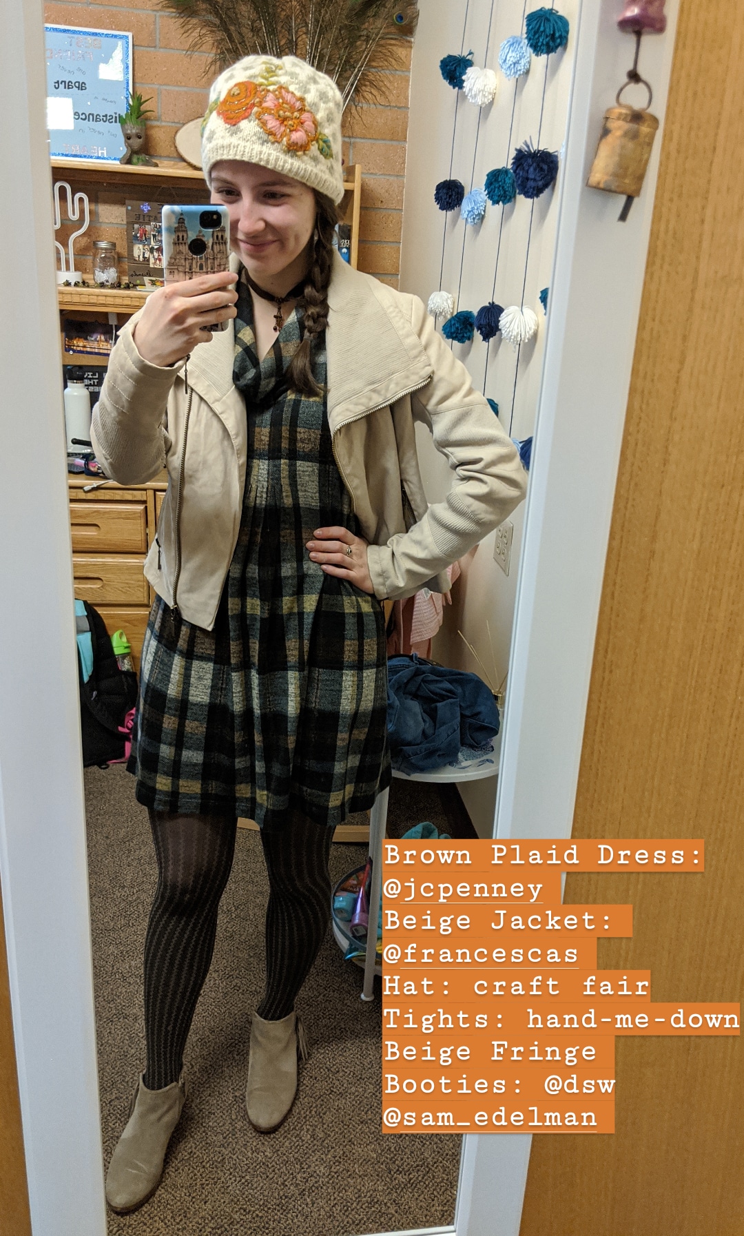 plaid dress, beige jacket, patterned tights, beige booties