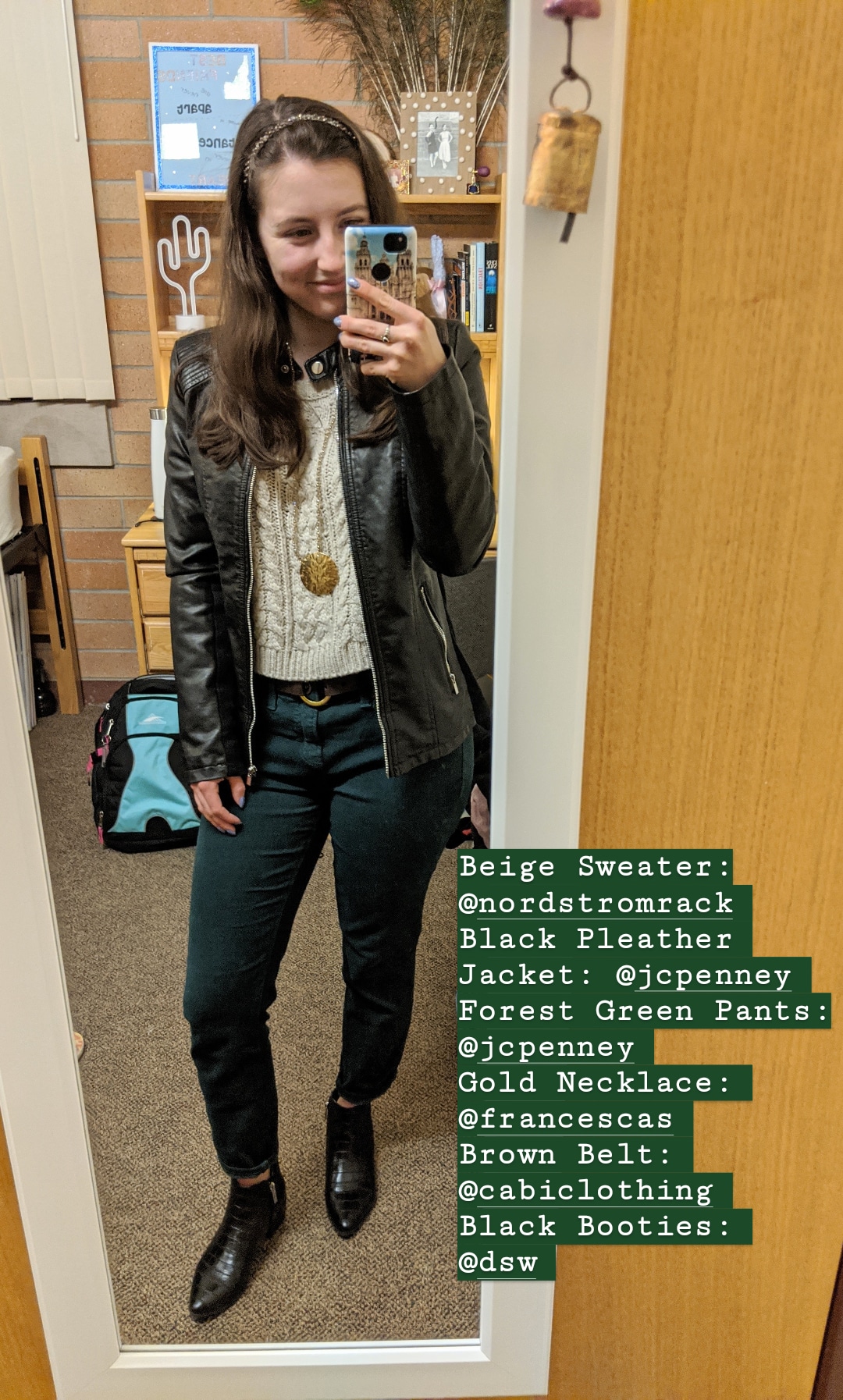 black pleather jacket, green pants, beige sweater, black booties