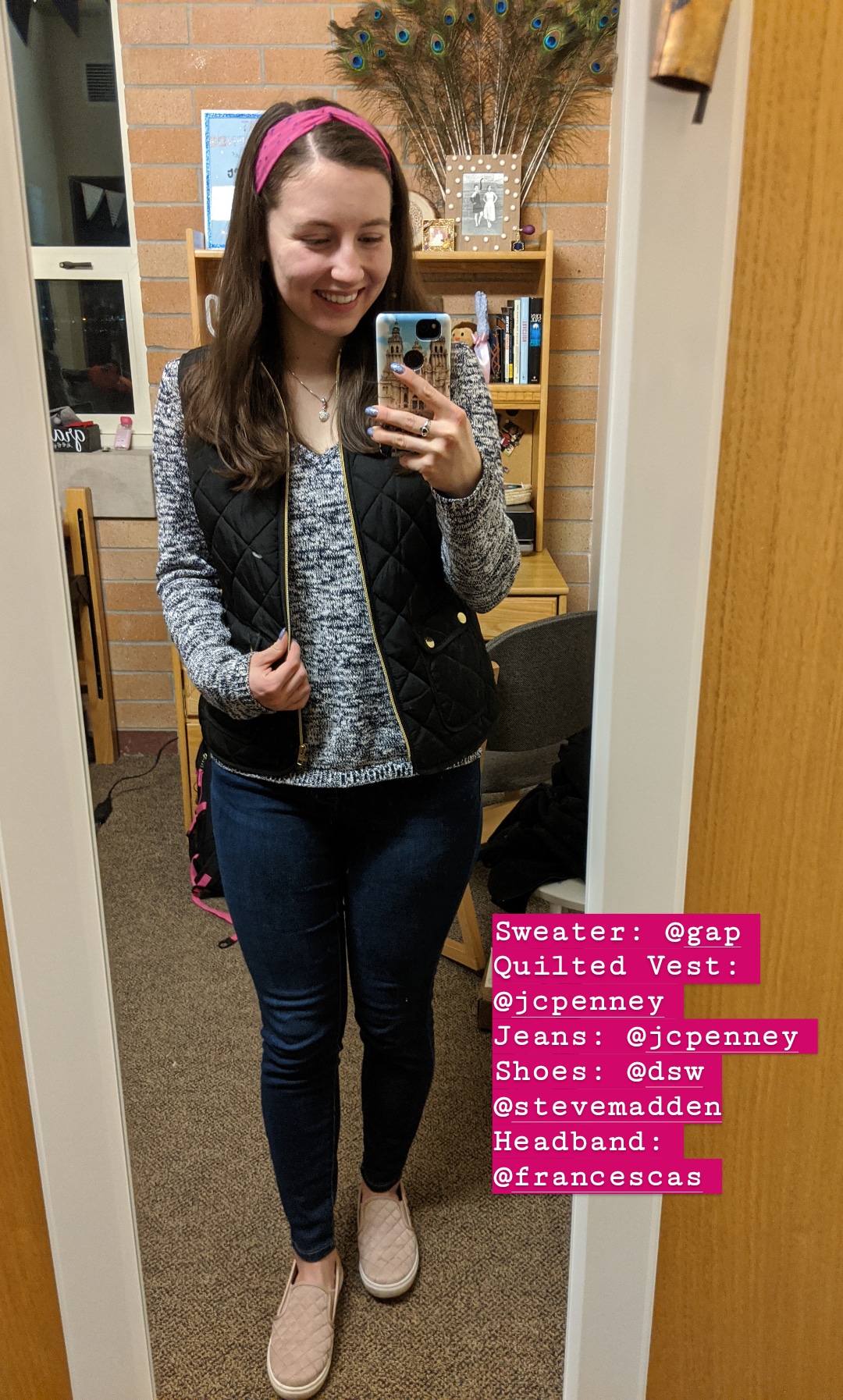 pink headband, quilted vest, skinny jeans