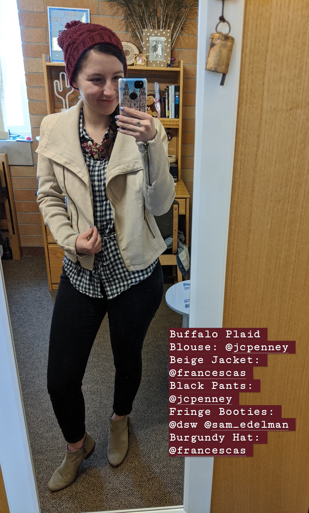 beige jacket, buffalo check blouse, black jeans, beige booties