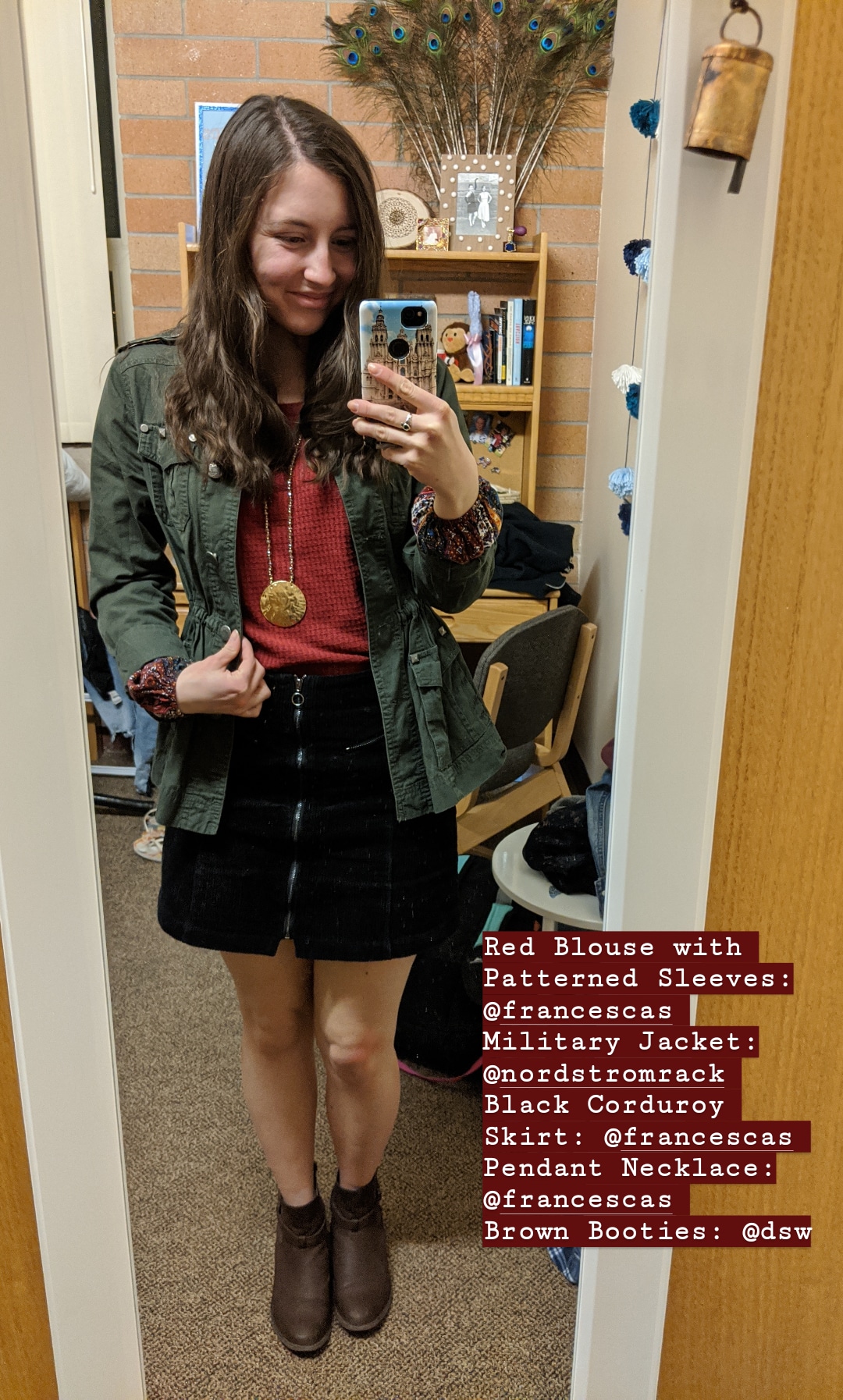 red blouse, military jacket, black corduroy skirt