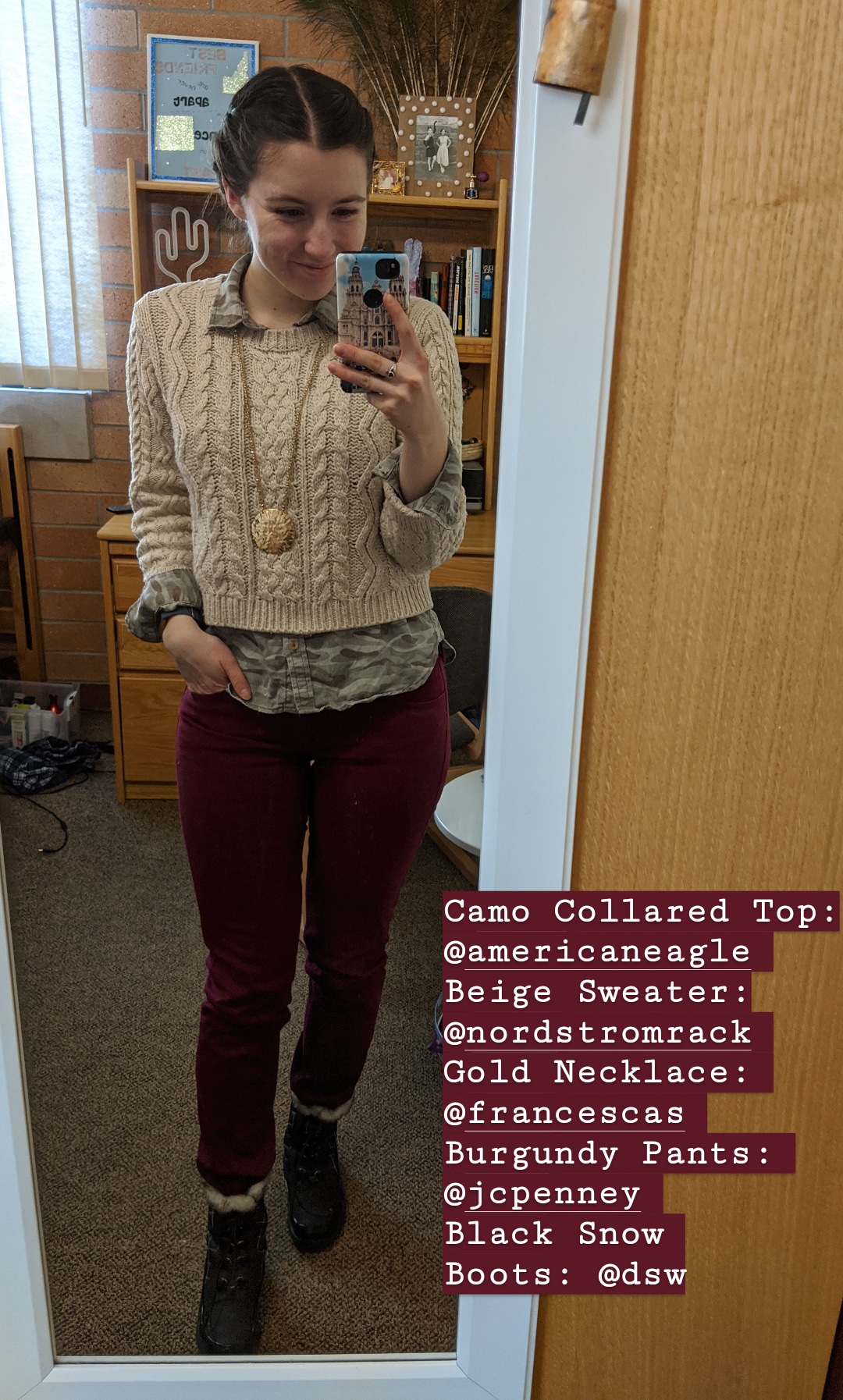 beige sweater, preppy, camo collared shirt