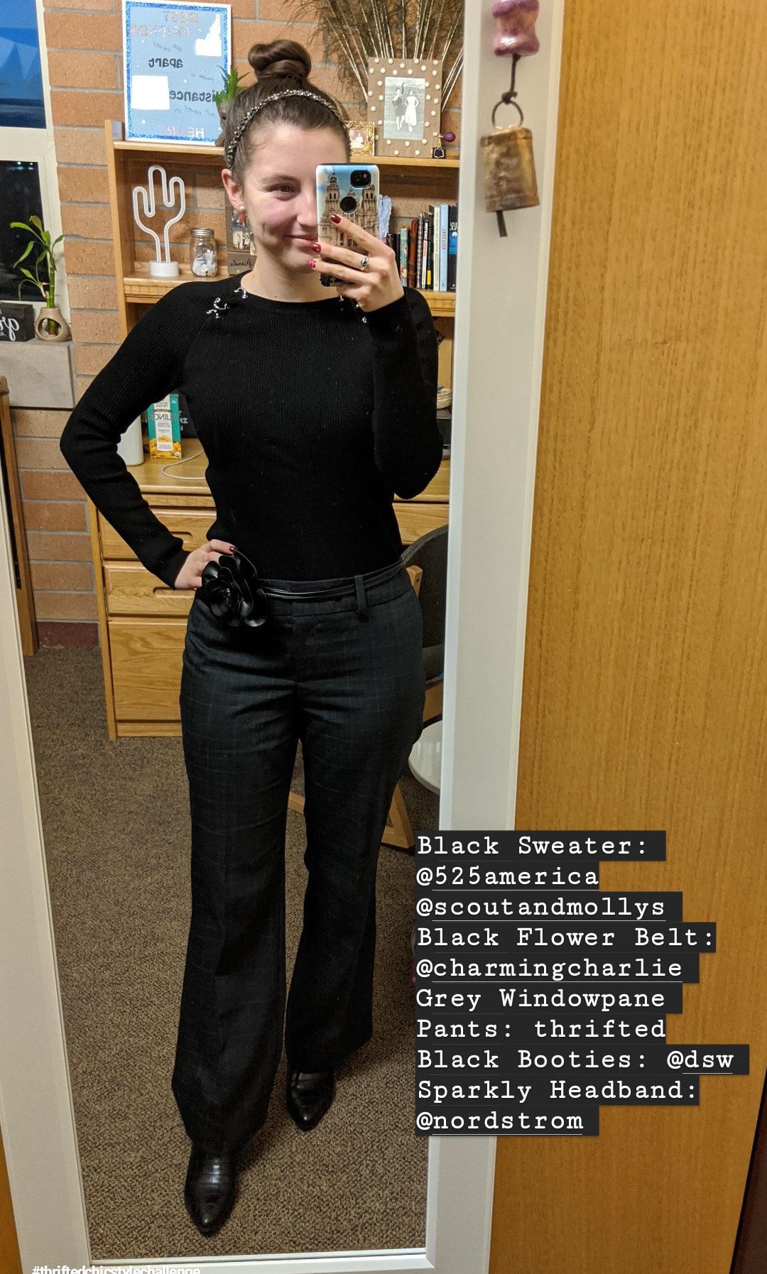 black sweater, plaid pants, trousers, work outfit