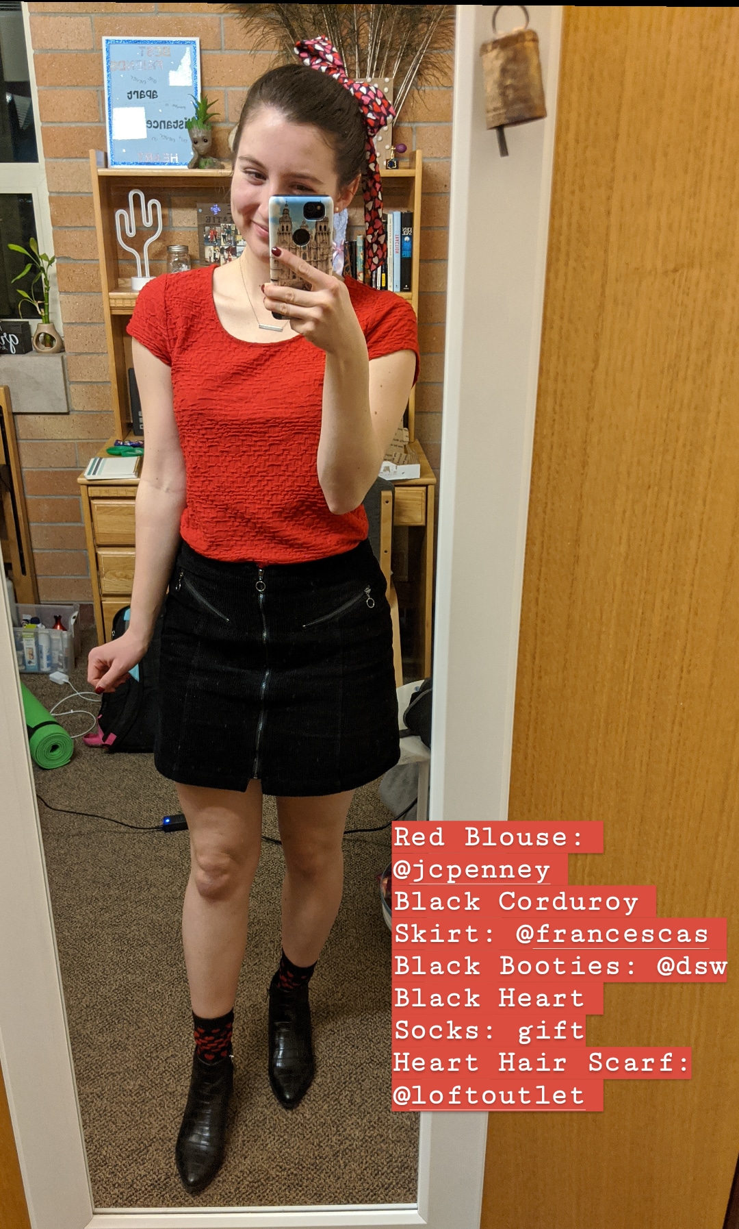 red blouse, heart print scarf, black corduroy skirt