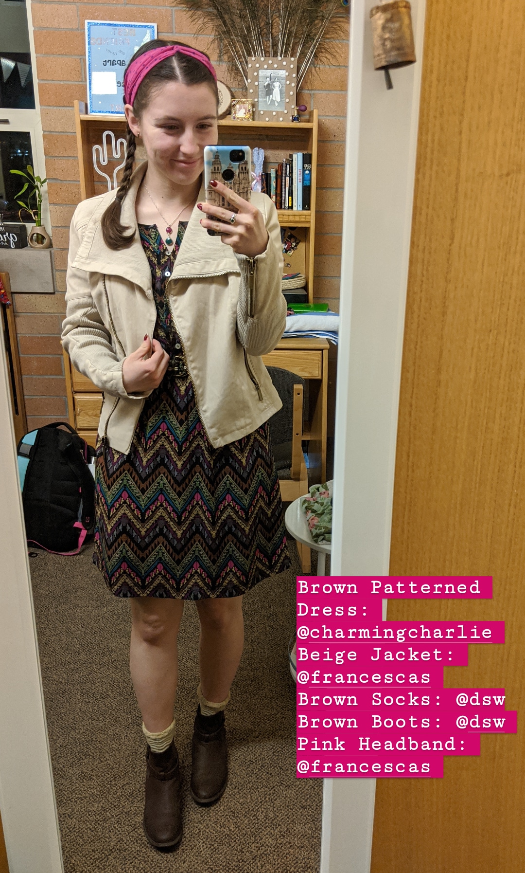 beige jacket, brown patterned dress