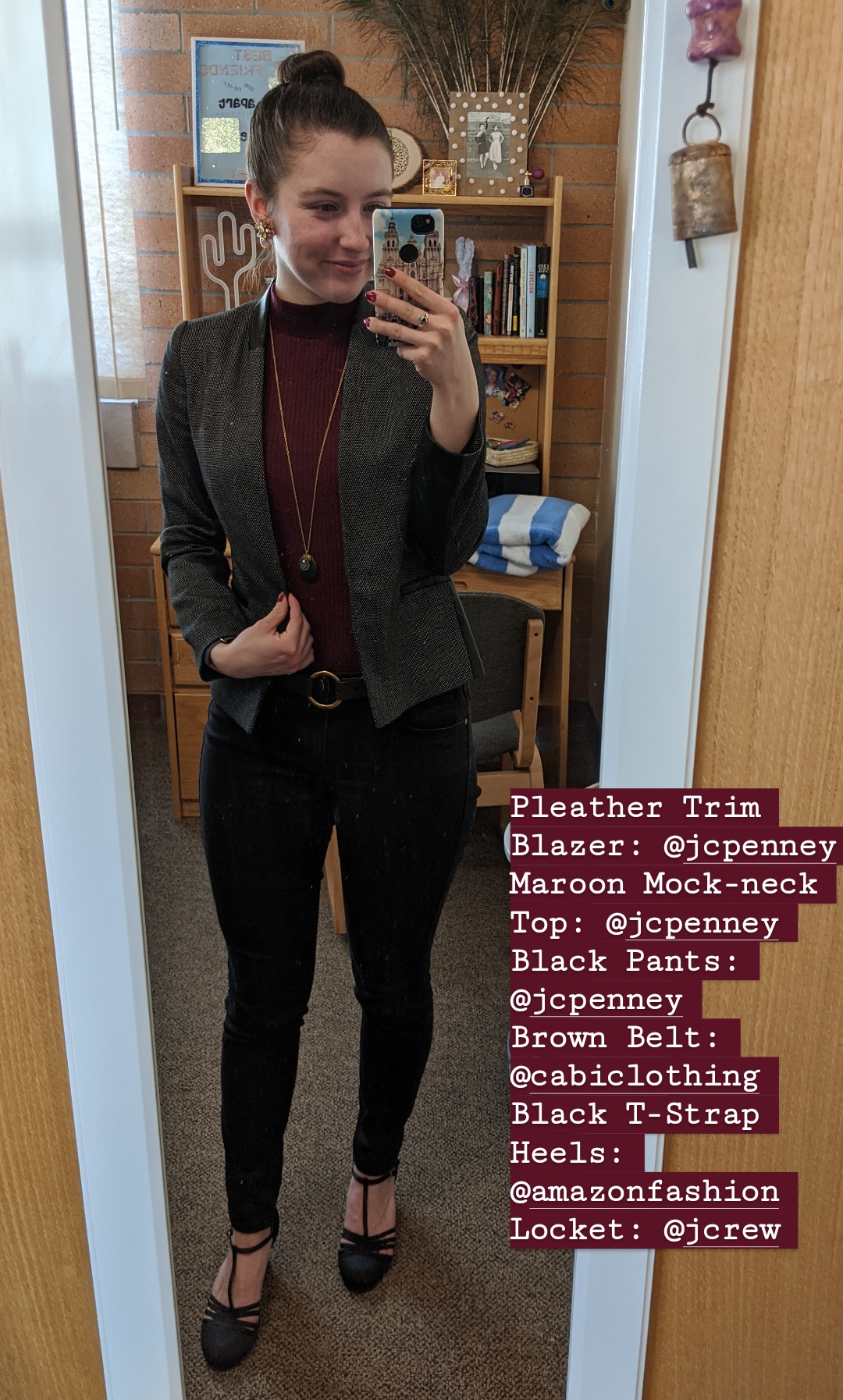 work outfit, mockneck top, t-strap heels