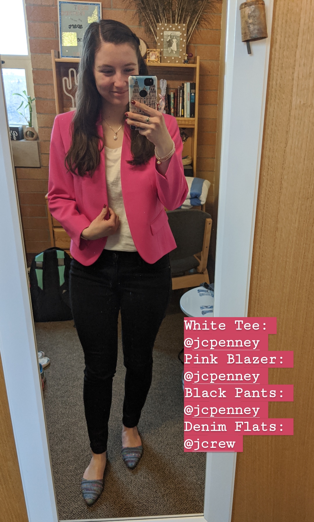 pink blazer, black pants, work outfit, denim flats