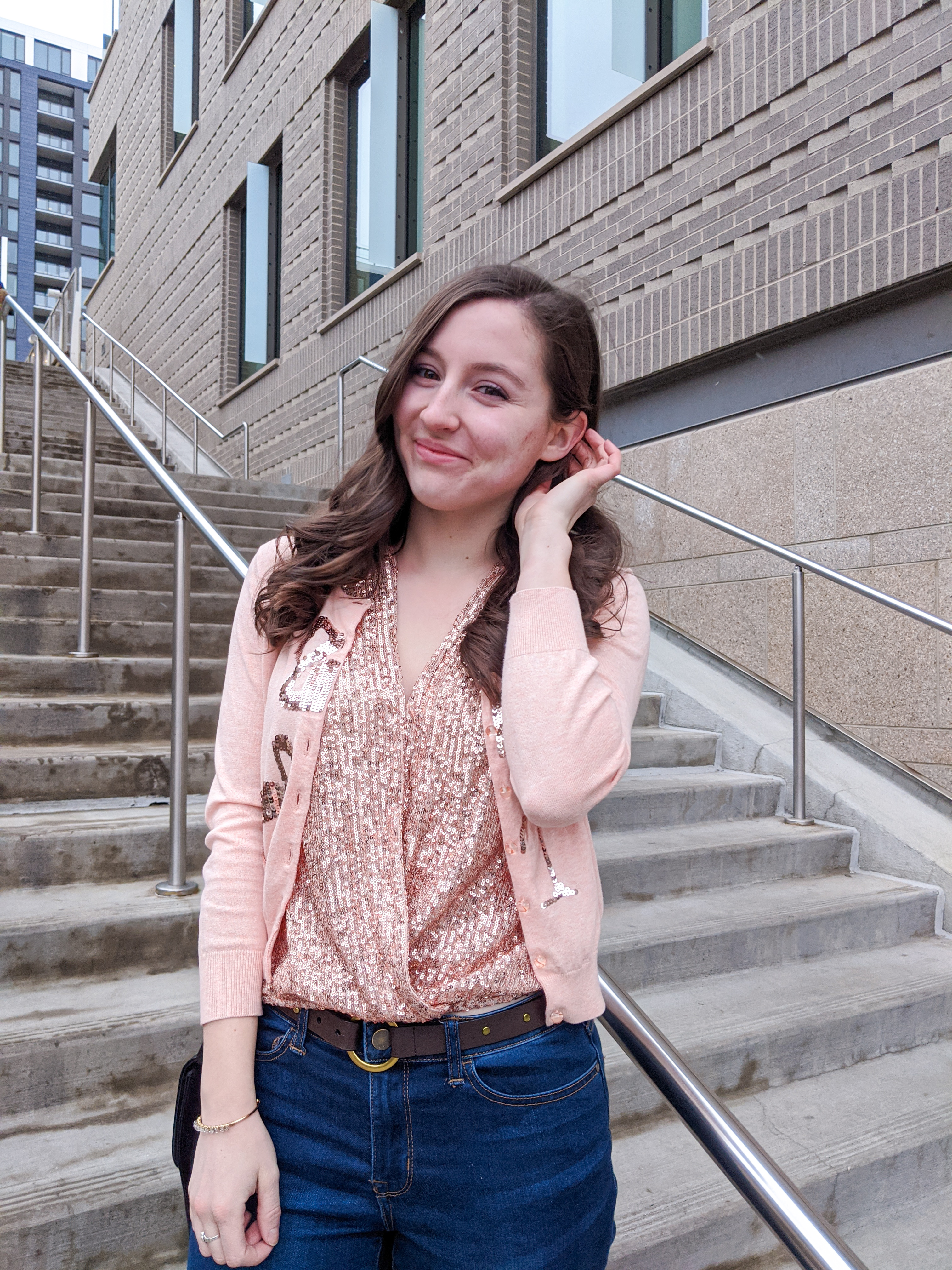 peach blouse, flamingo cardigan, rose gold, sequins, sparkly outfit
