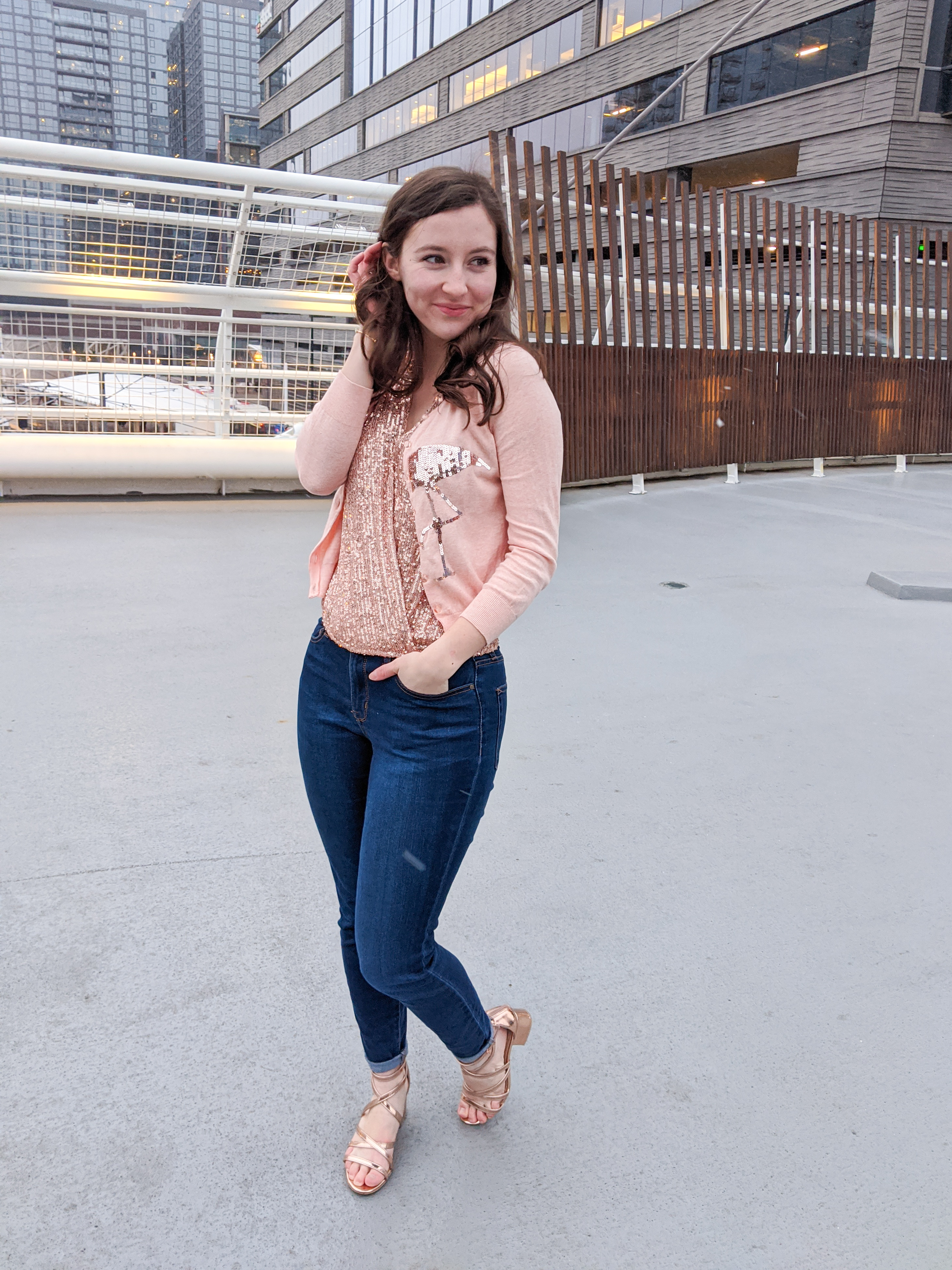 Valentine's Day outfit, rose gold accessories