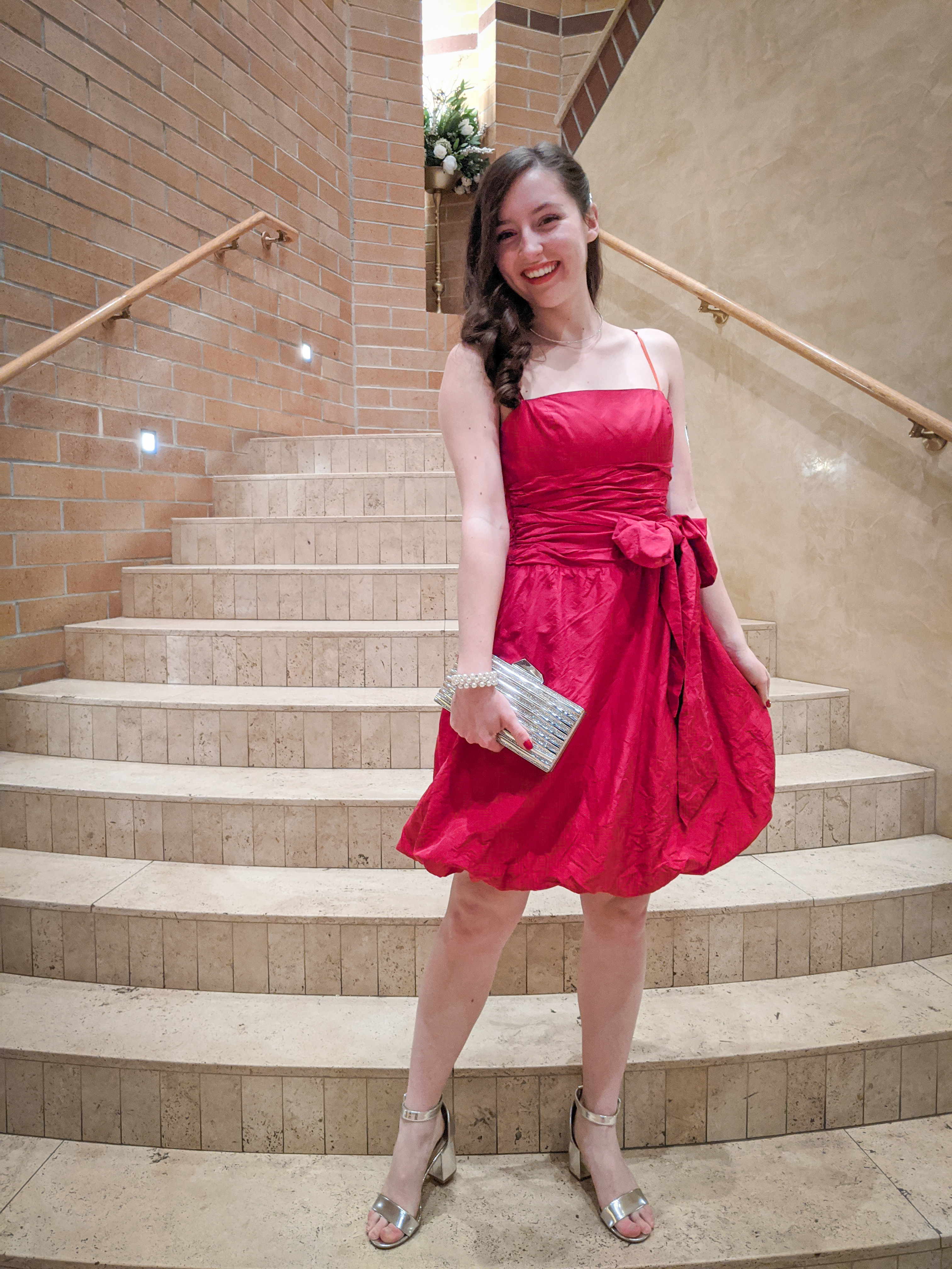 red bow dress, red bubble dress, silver accessories