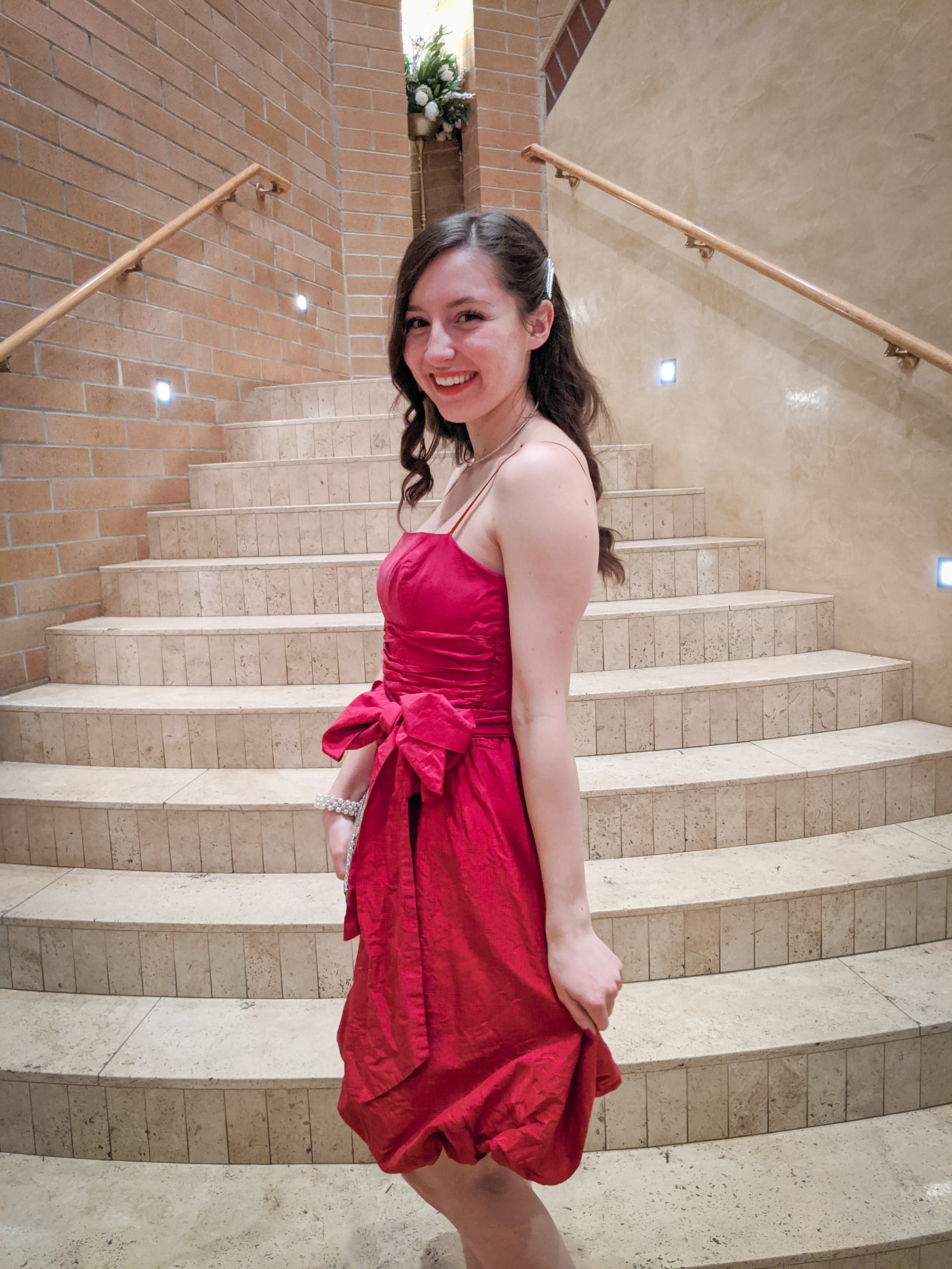 red dress, red rouching, bow dress, thrift shopping