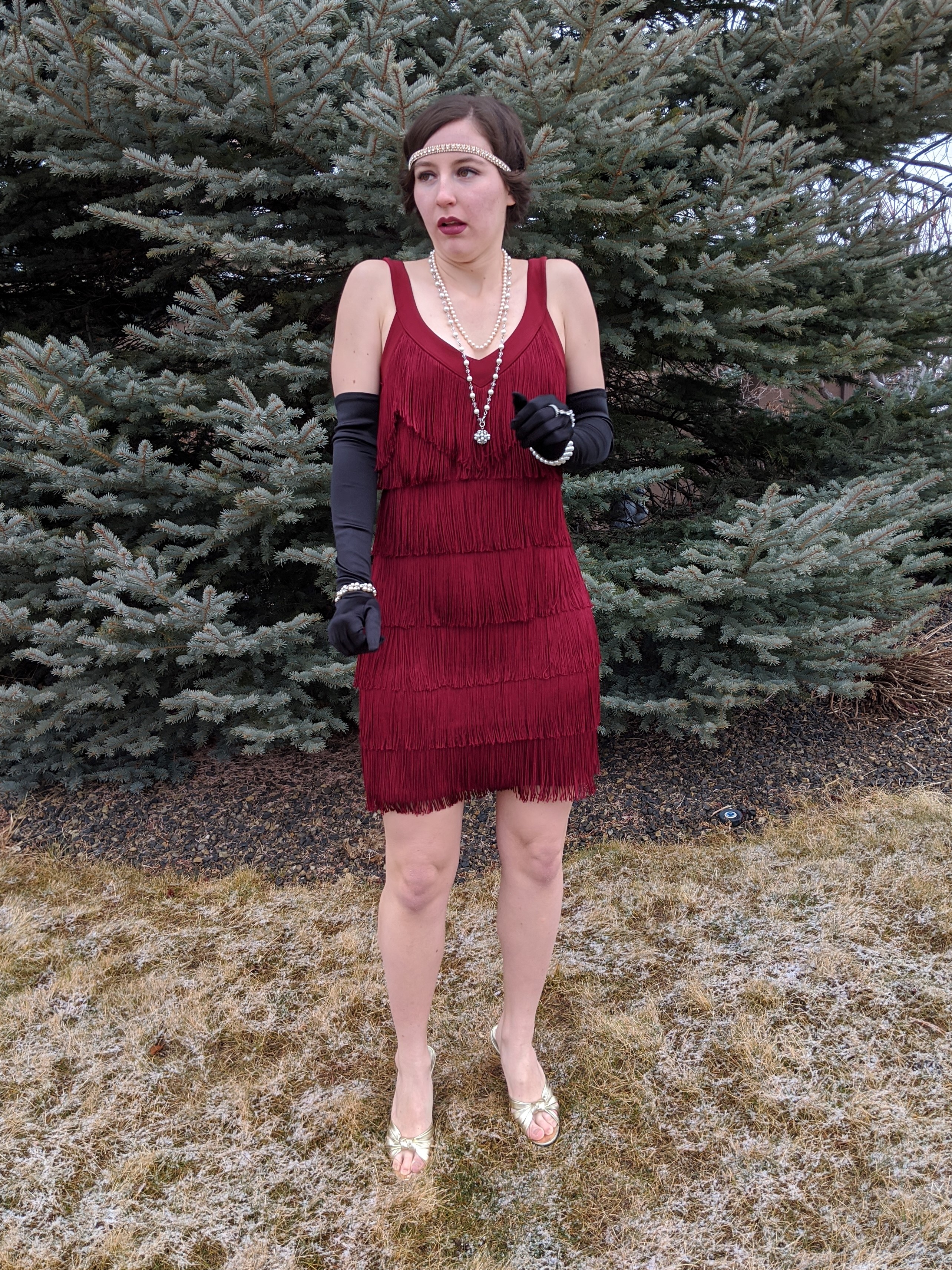 red fringe dress, college student, studying