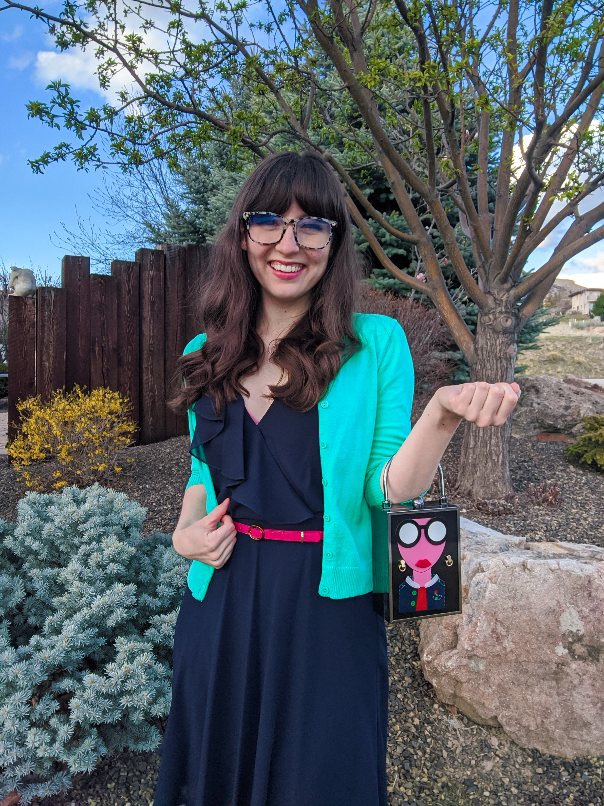 green cardigan, navy dress, Jessica Day outfits