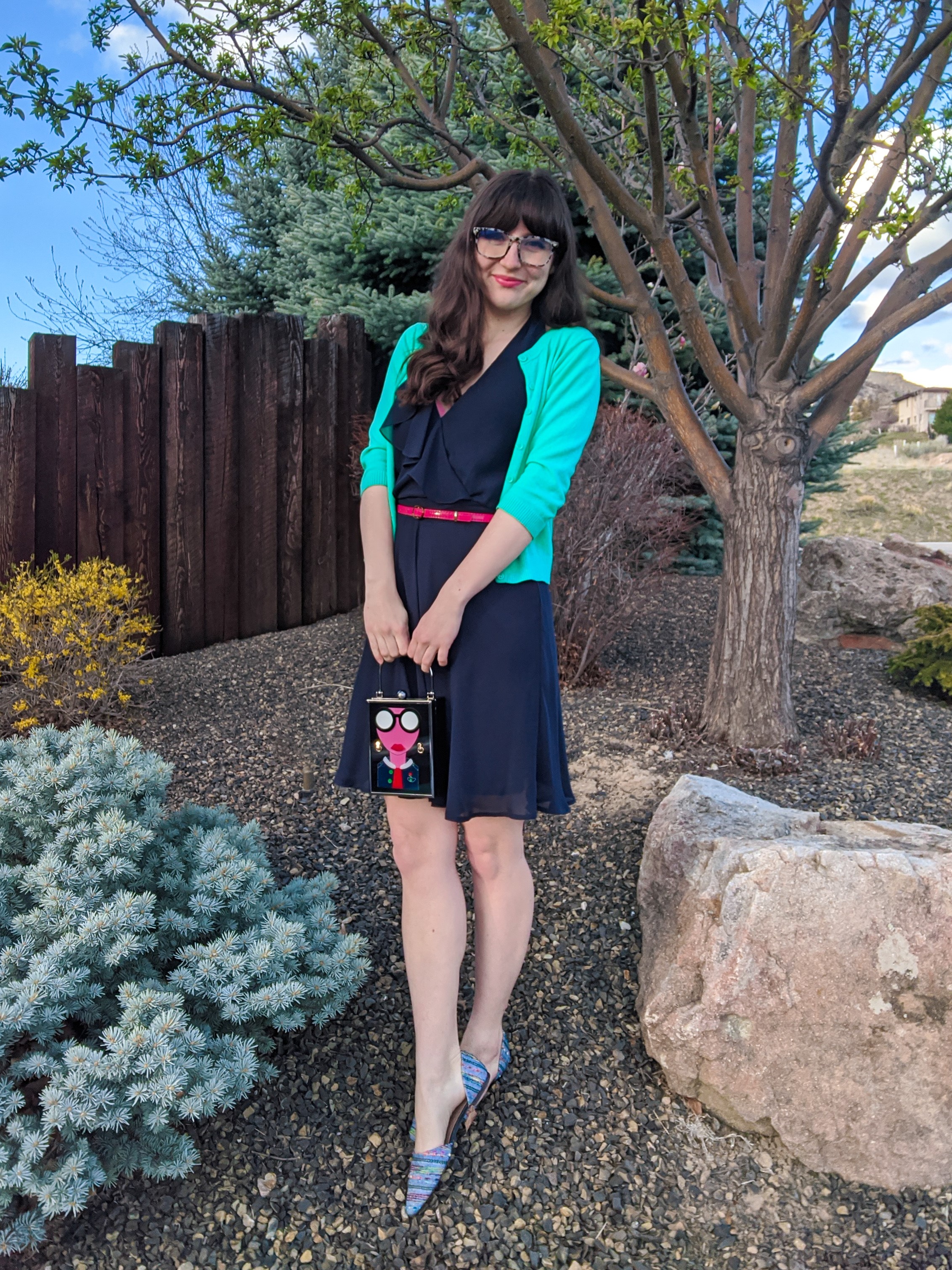 faux bangs, cardigan, navy dress, New Girl outfits