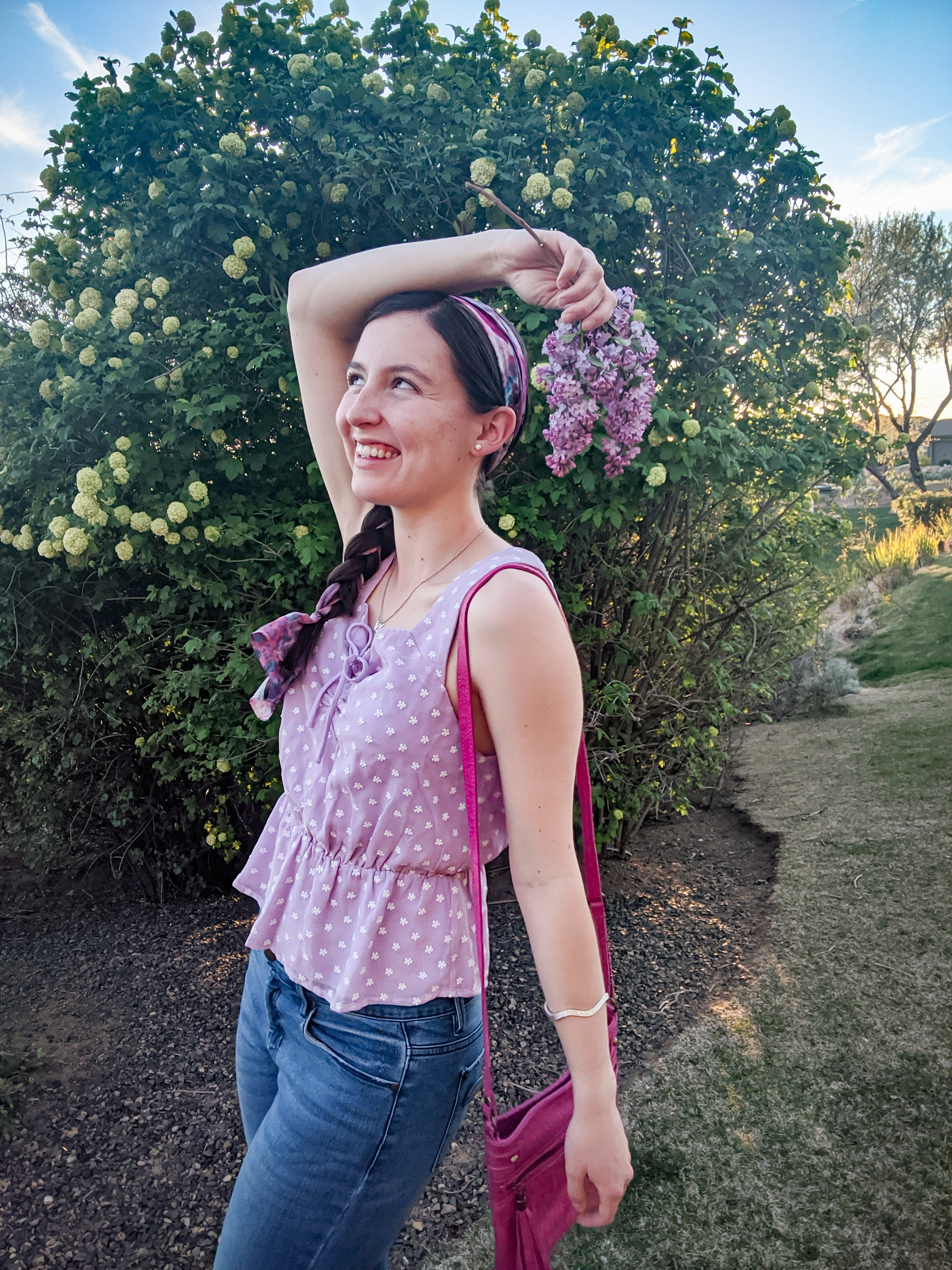 purple floral blouse, blue jeans, denim day