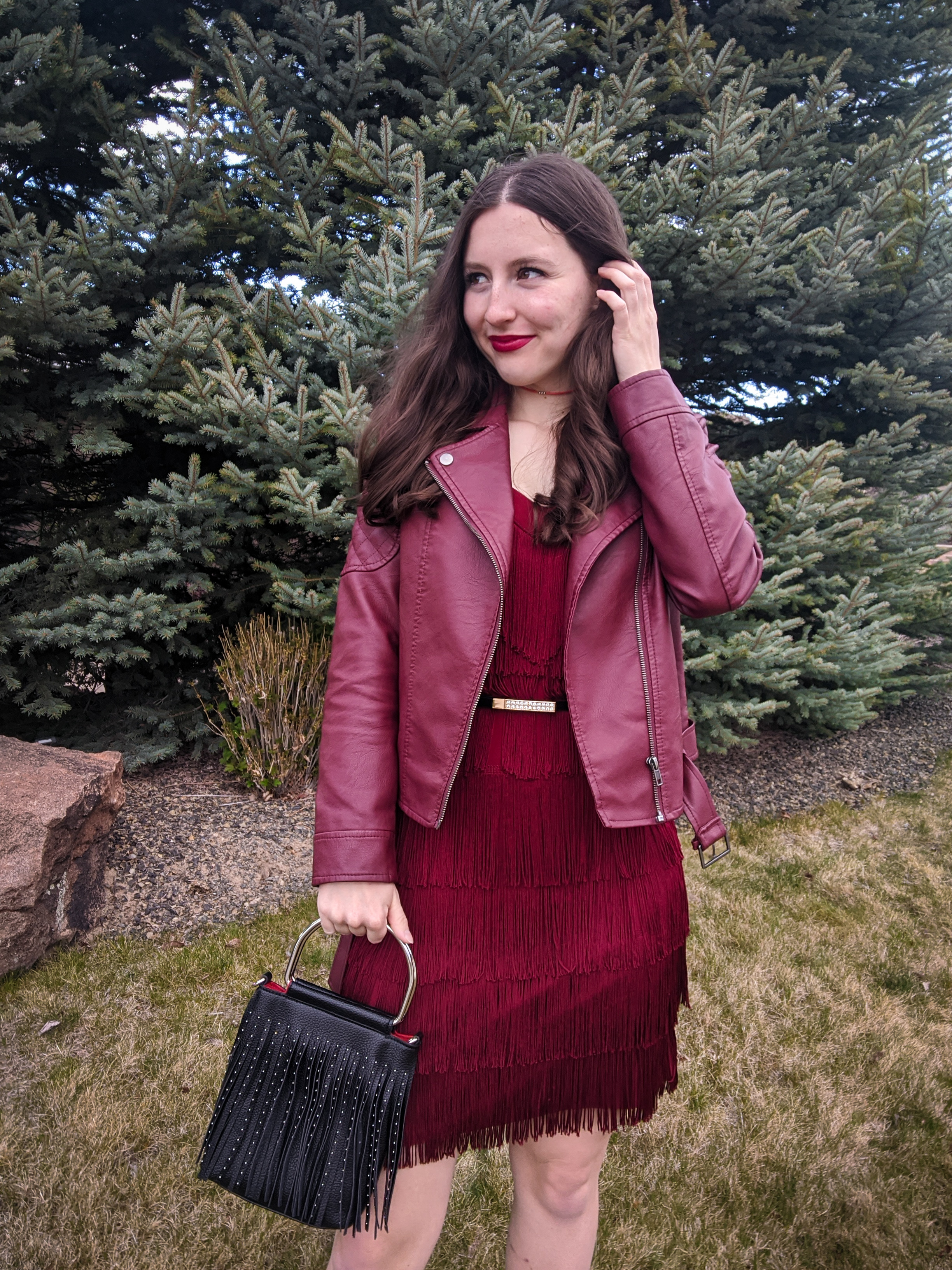 burgundy monochrome outfit, red fringe dress