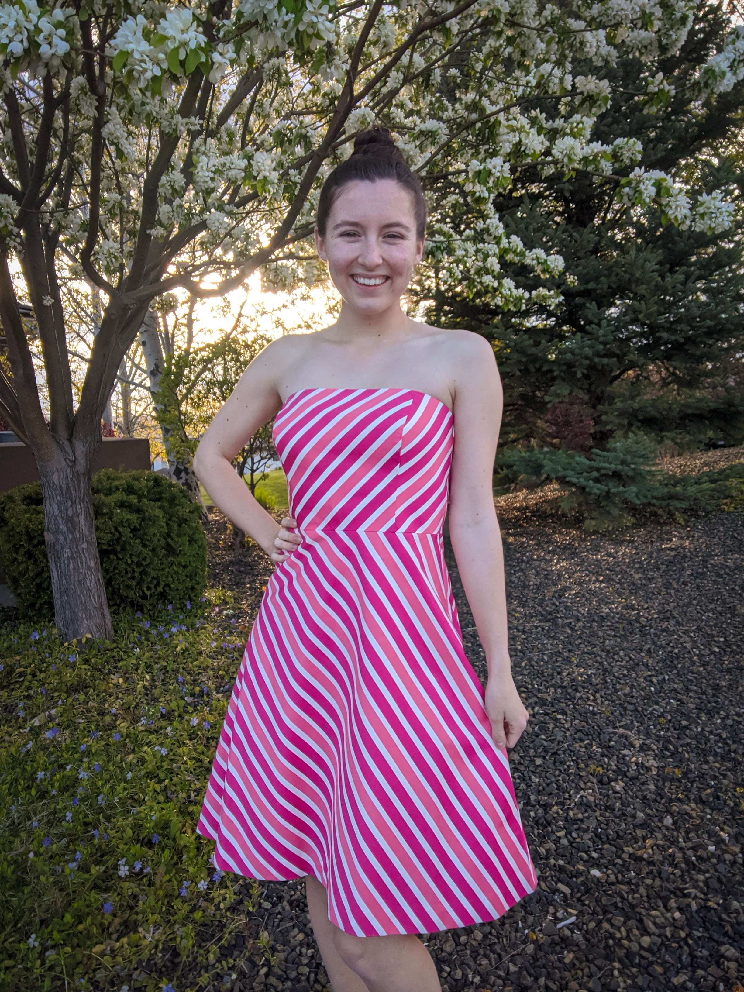 strapless pink dress, striped pink dress, spring dress