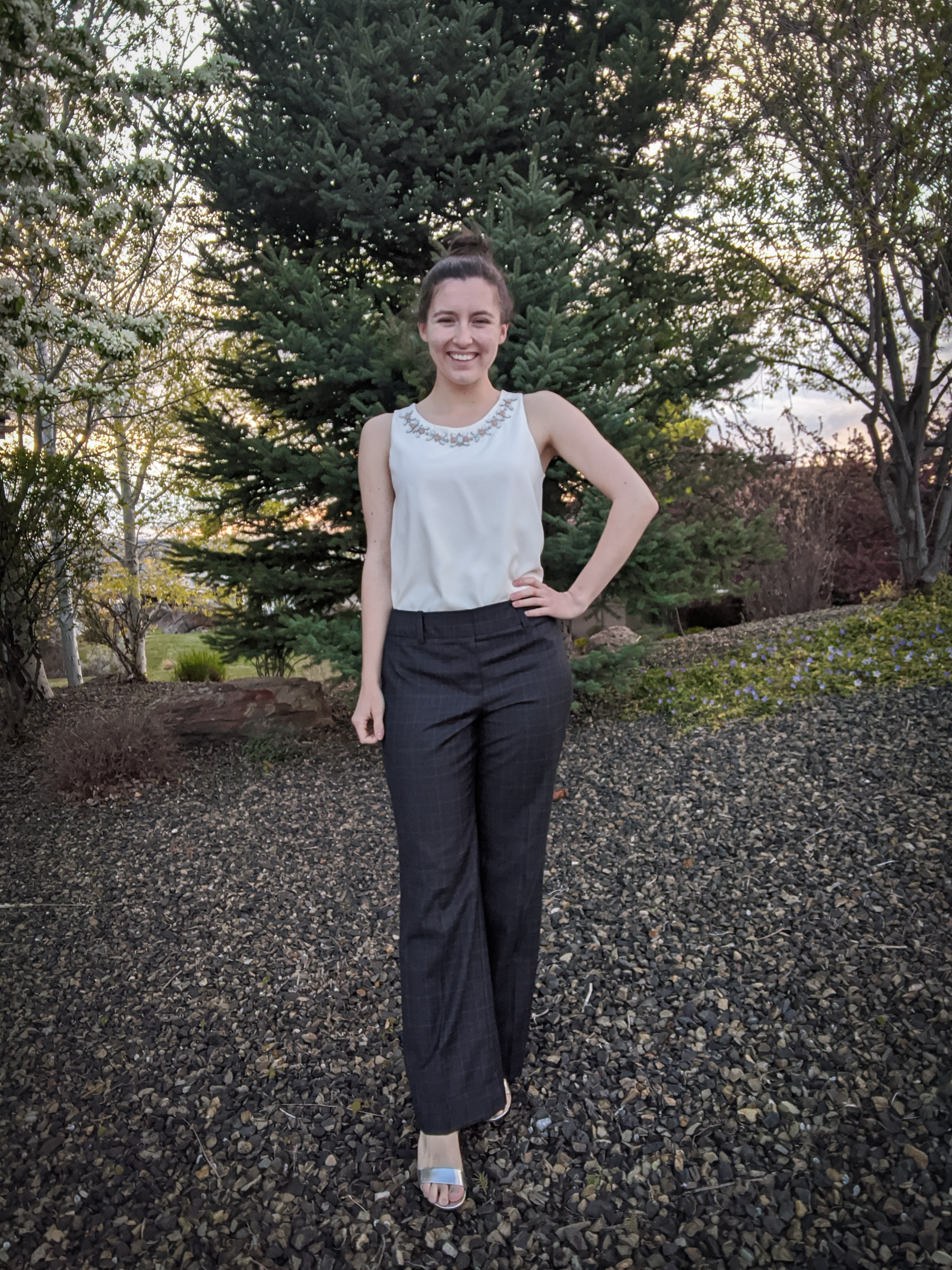 navy trousers, work pants, windowpane pants, thrift shopping