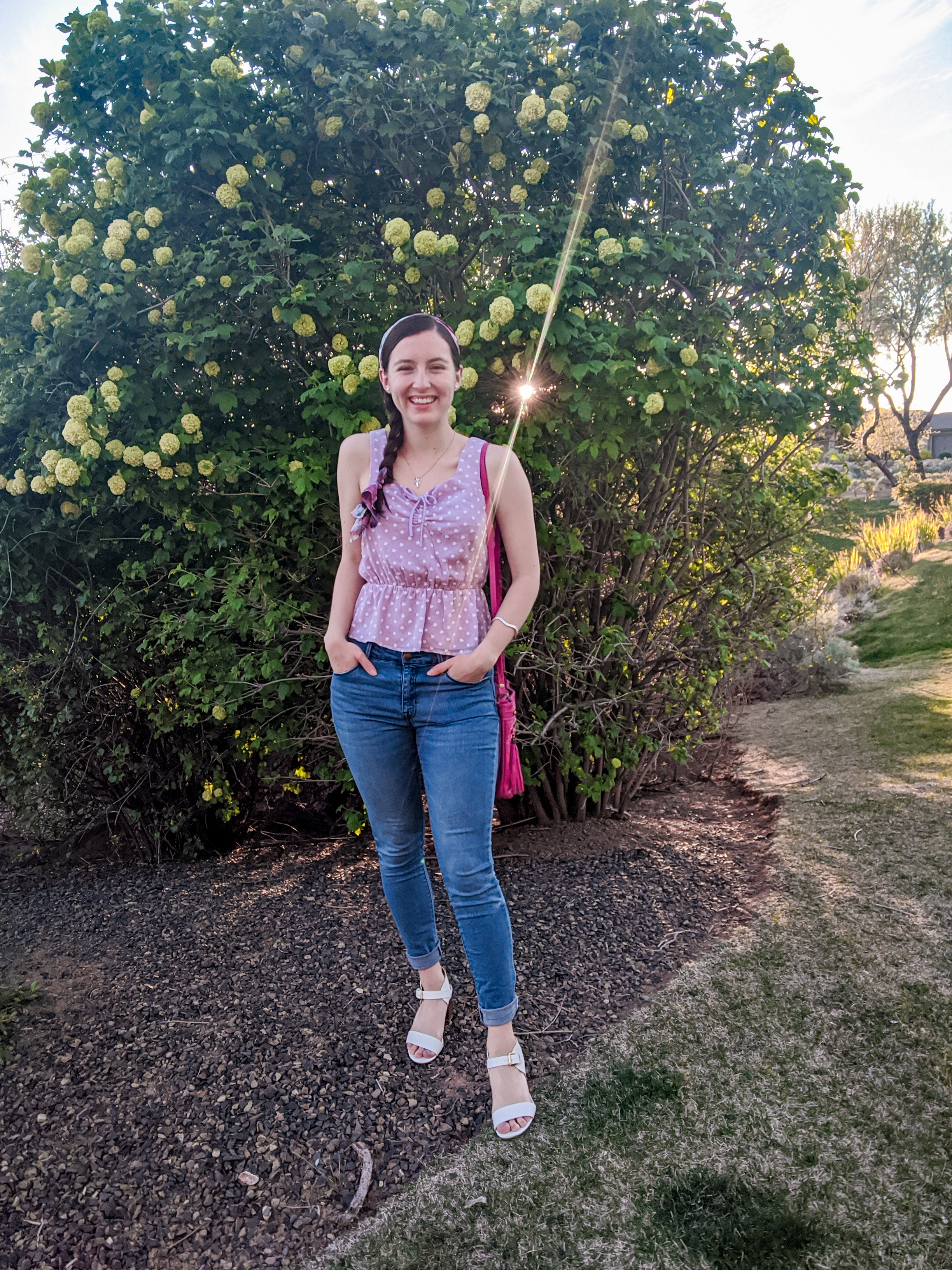 purple floral top, blue jeans, DSW, Francesca's