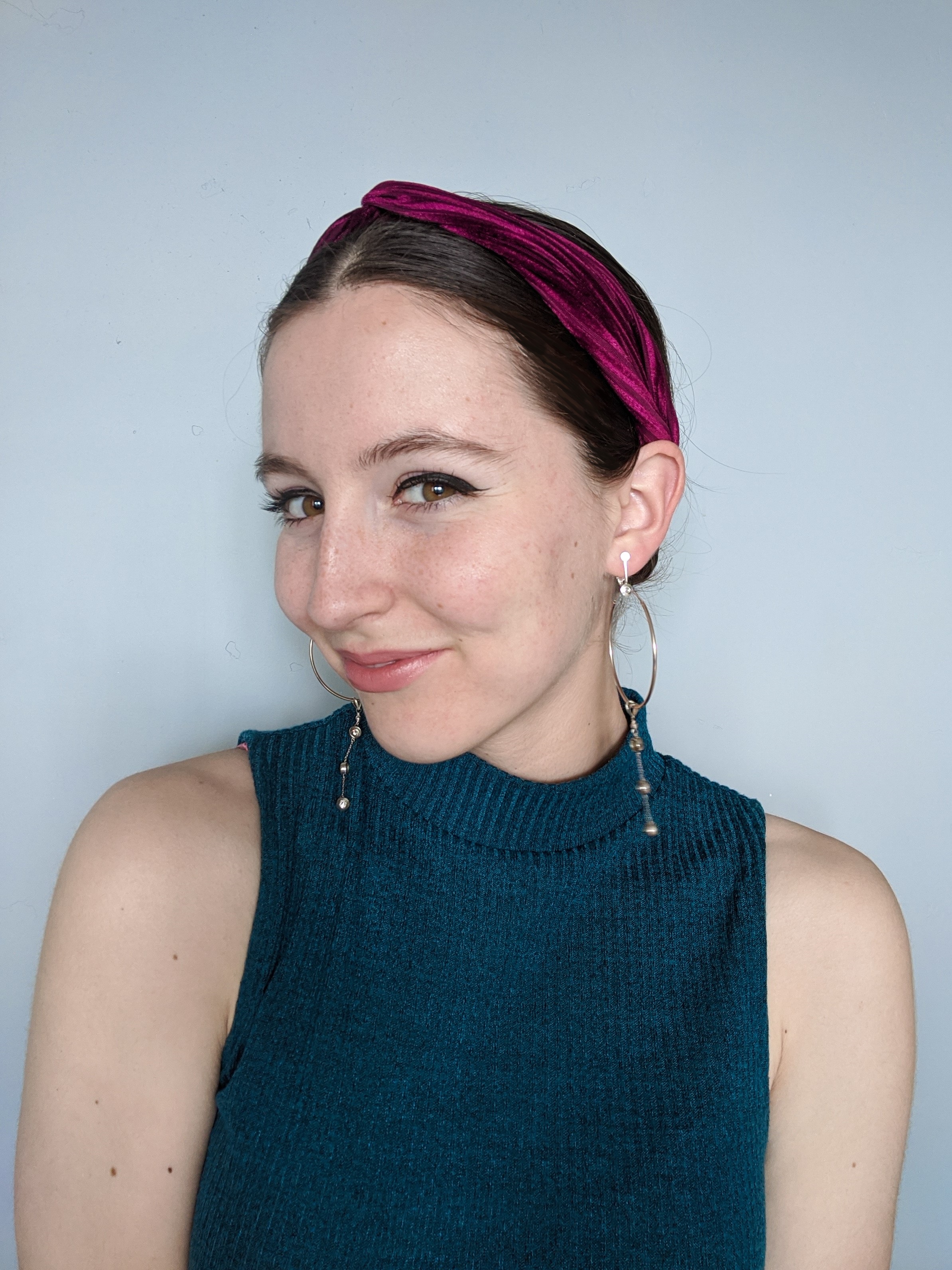 teal mockneck top, quarantine, greasy hair