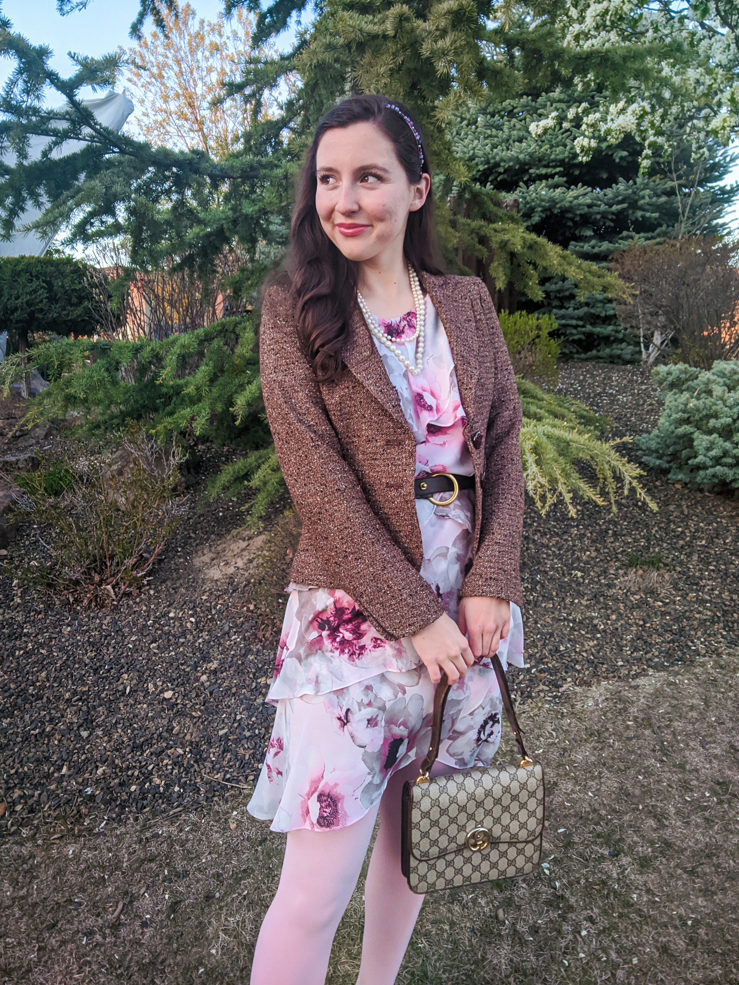 floral ruffle dress, pink tights, tweed blazer, thrift shopping
