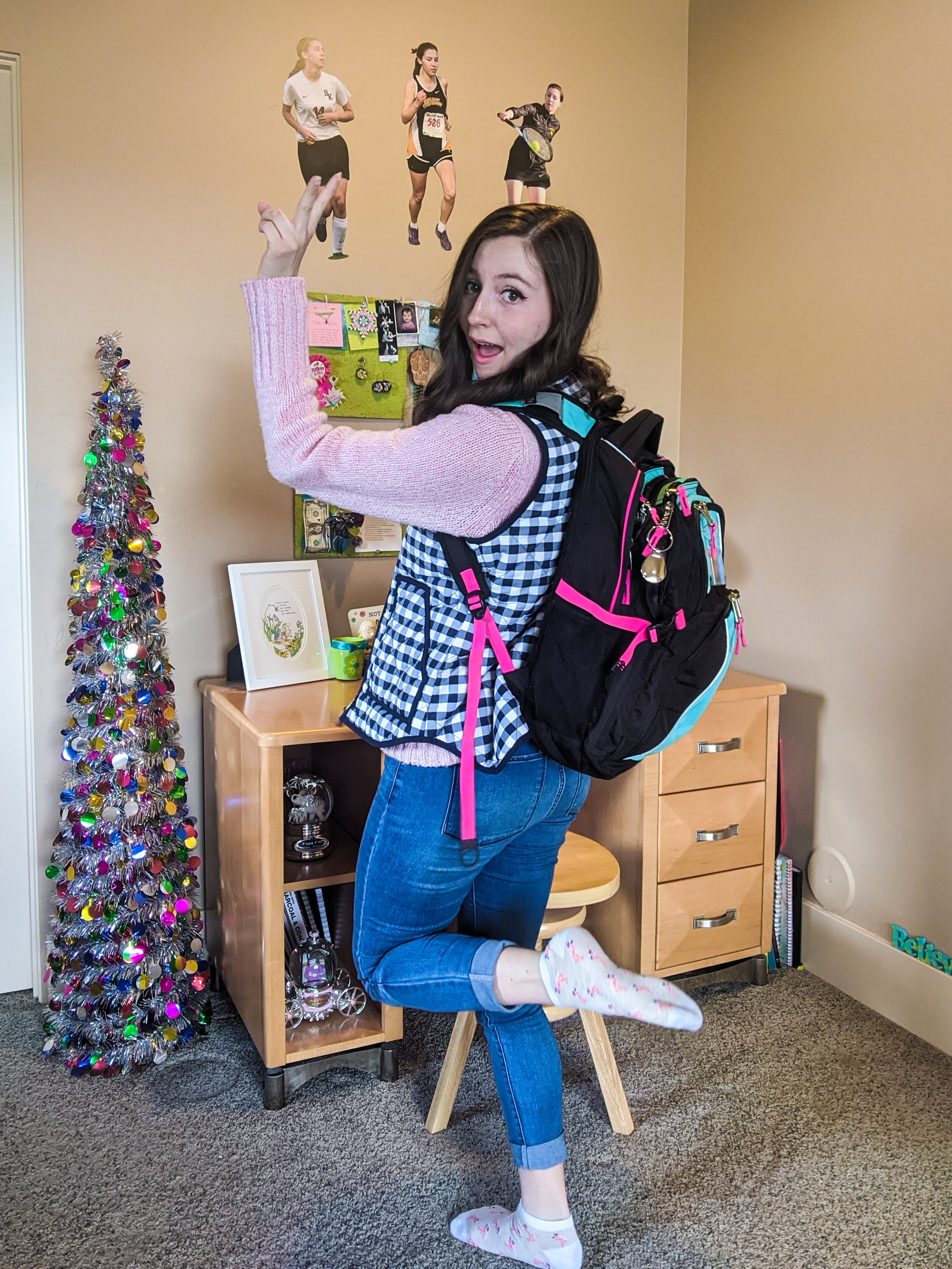 heading to online class, online school, coronavirus, flamingo socks