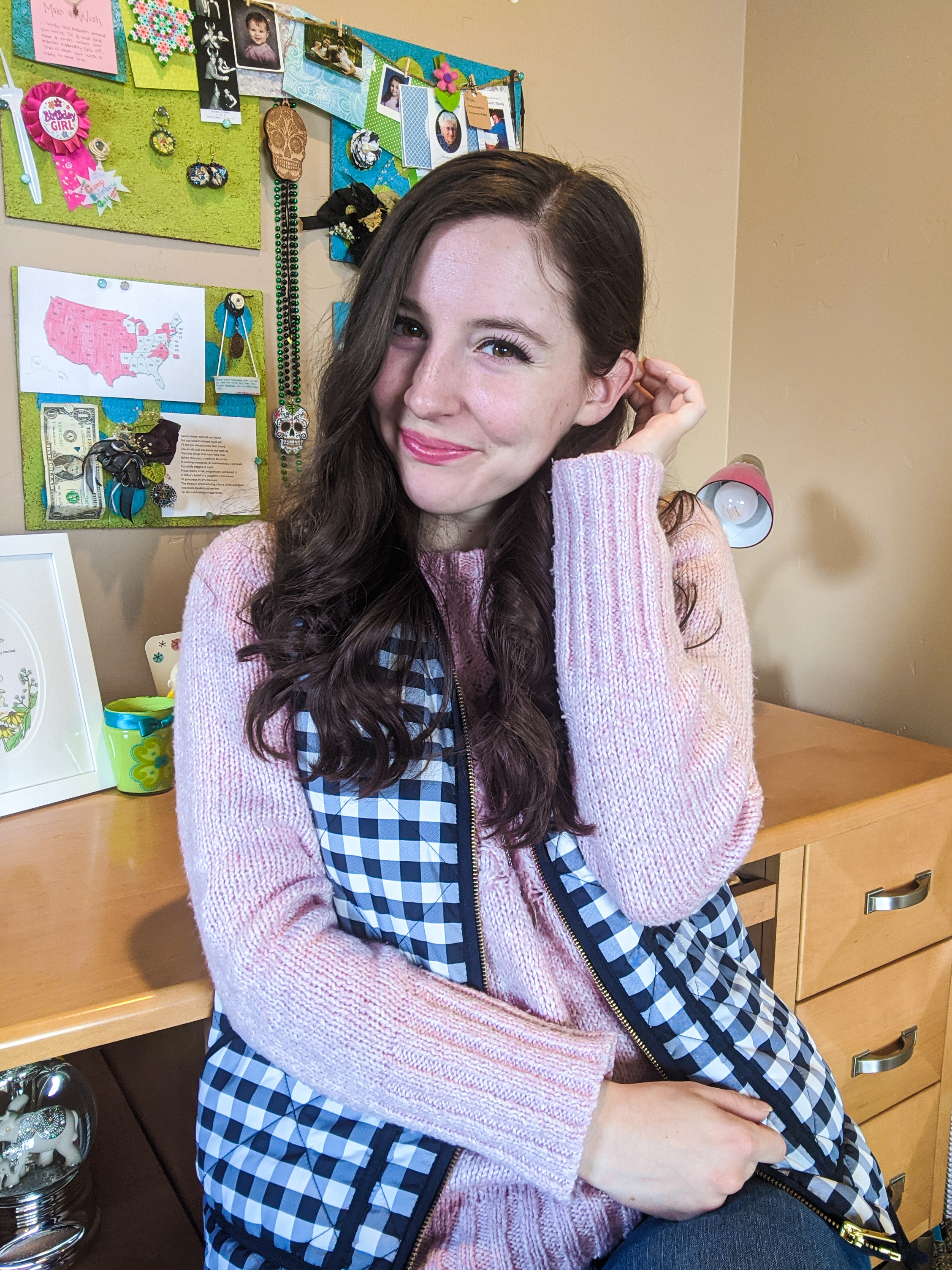 working from home, desk space, pink sweater, staying home