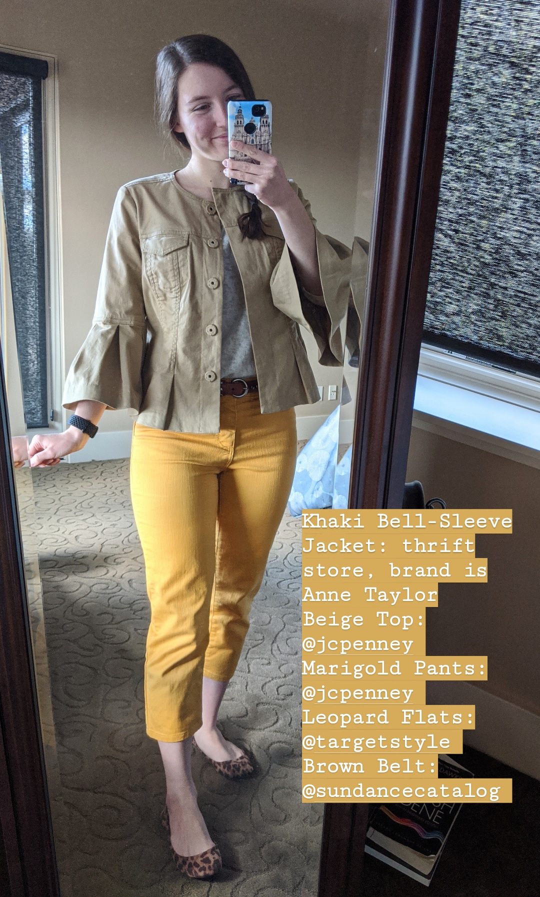 beige flute sleeve jacket, thrift shopping, mustard pants, leopard shoes