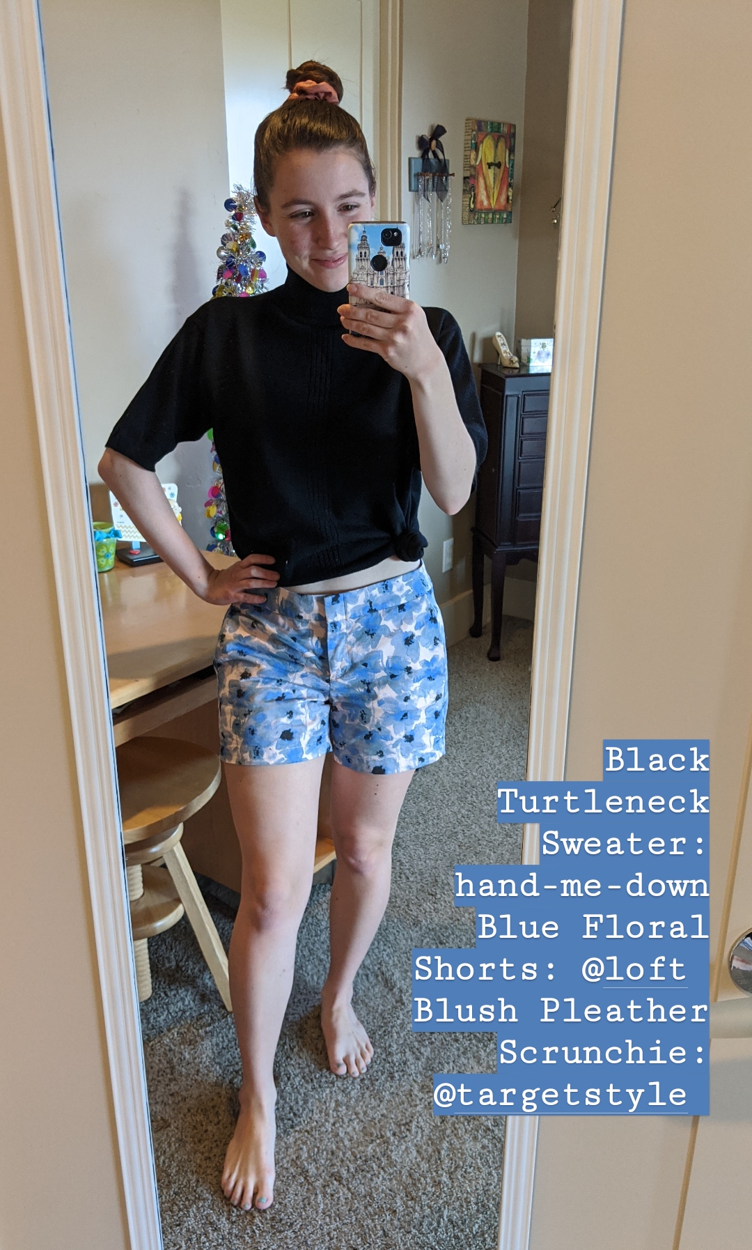 black turtle neck sweater, floral shorts, Loft shorts
