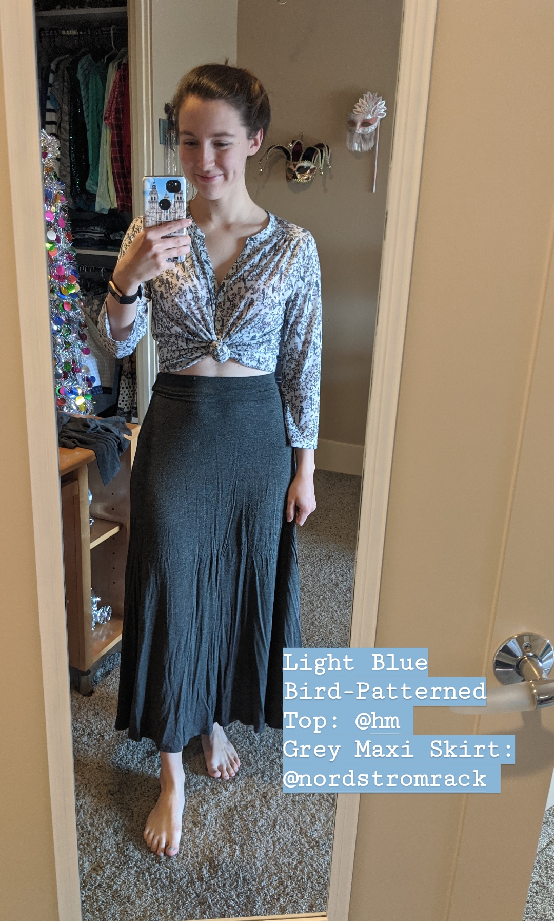 blue printed top, H&M, grey maxi skirt, maxi skirts
