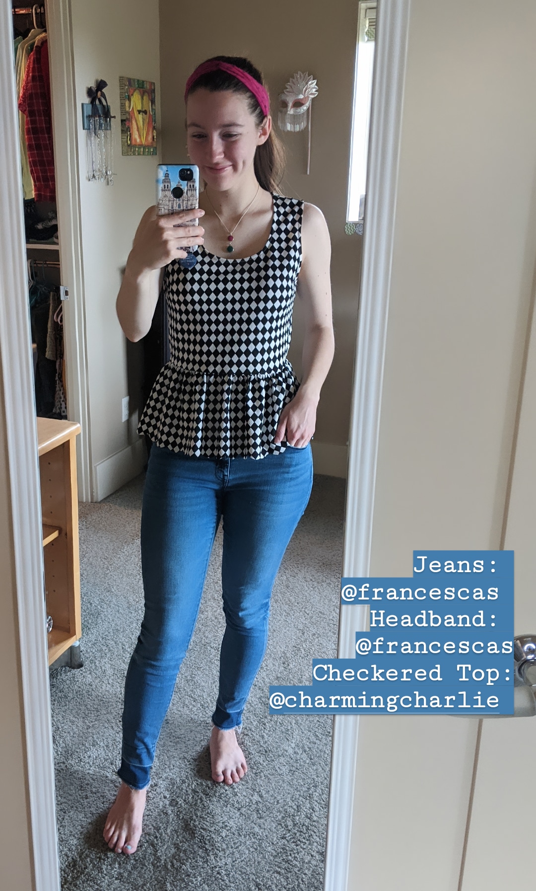black and white checkered, peplum top, skinny jeans, Francesca's