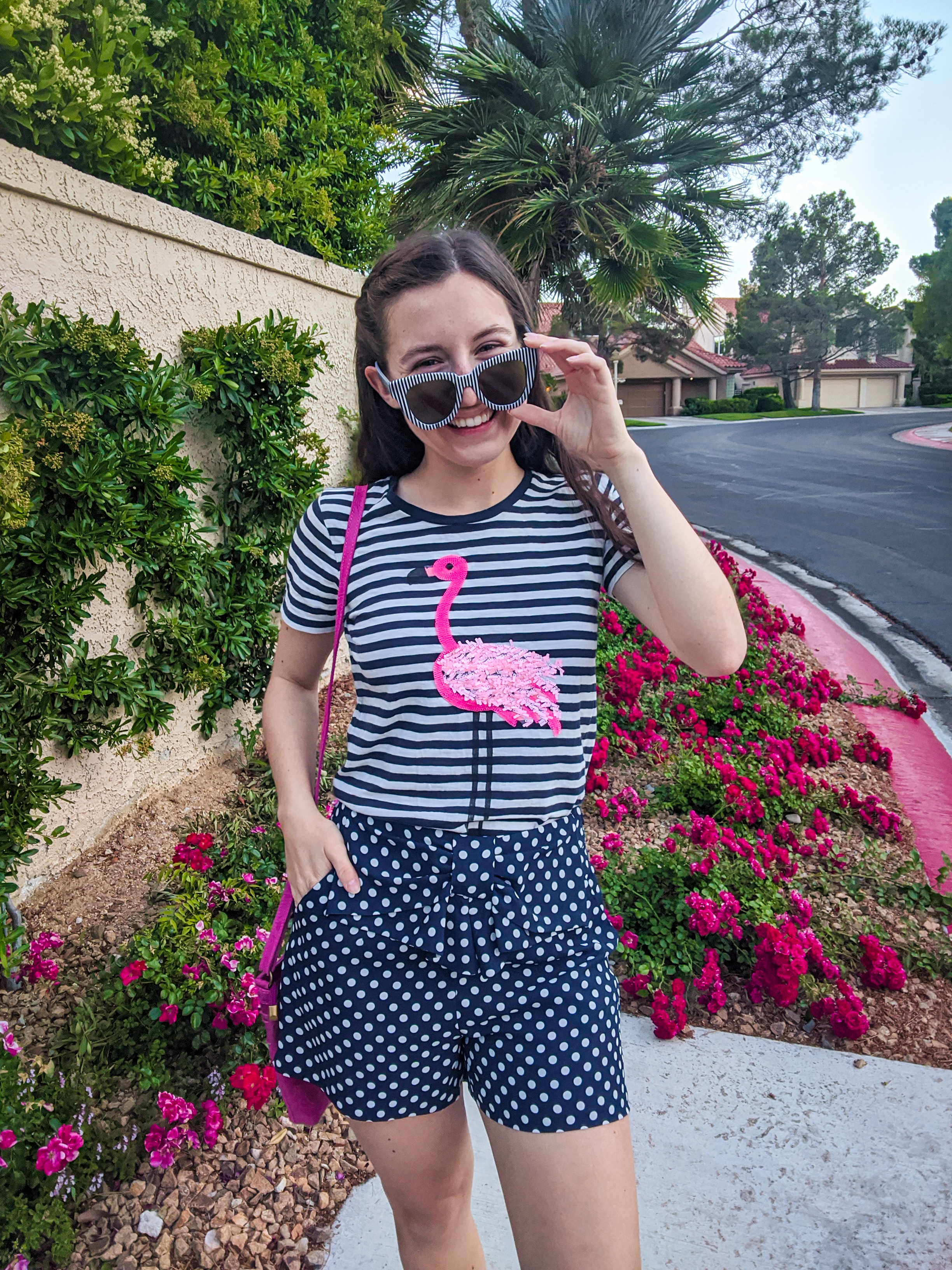 summer outfit, flamingo tee, pattern mixing, stripes and polka dots