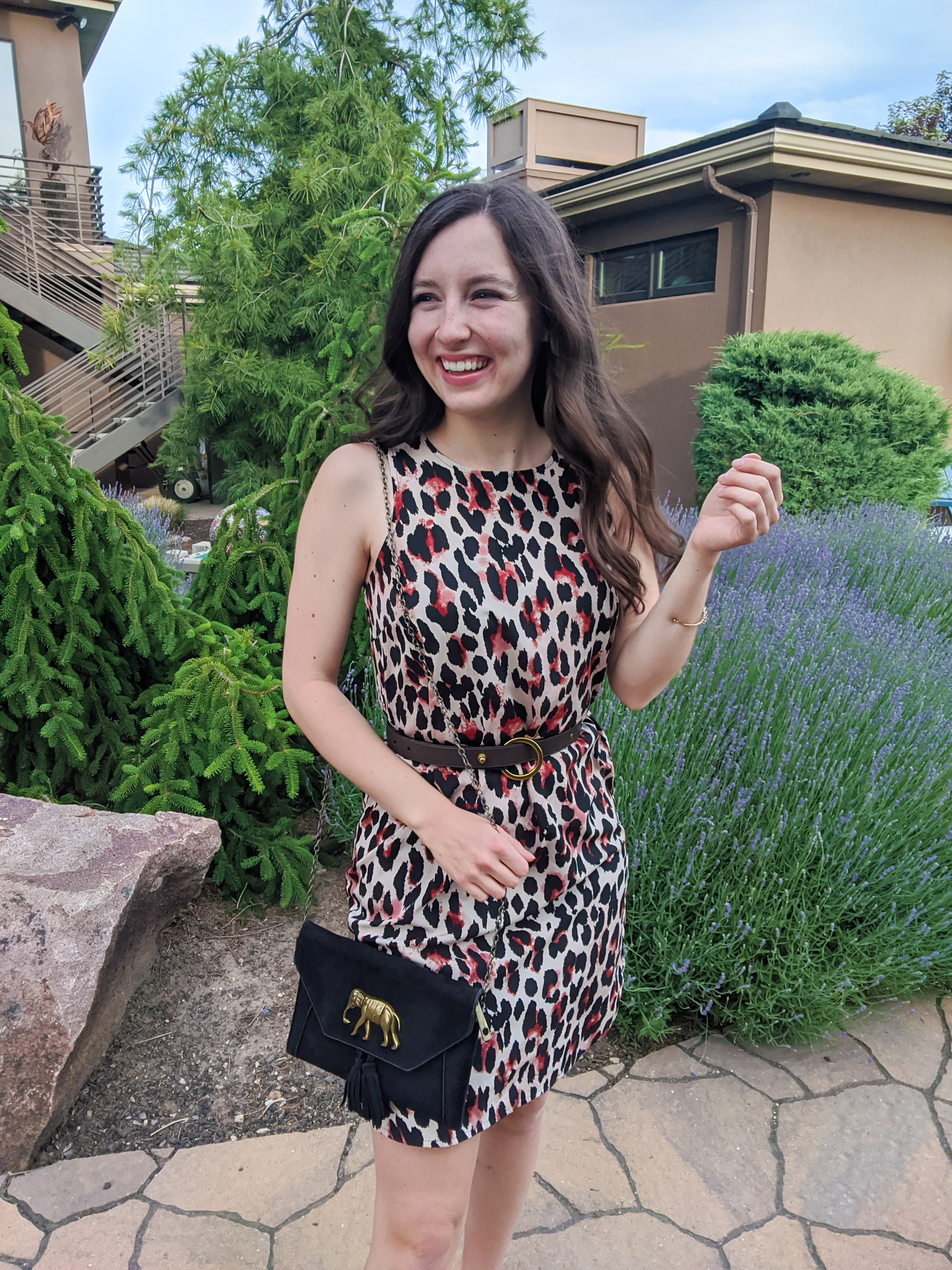 leopard print dress, stylish outfit, college fashion, elephant purse