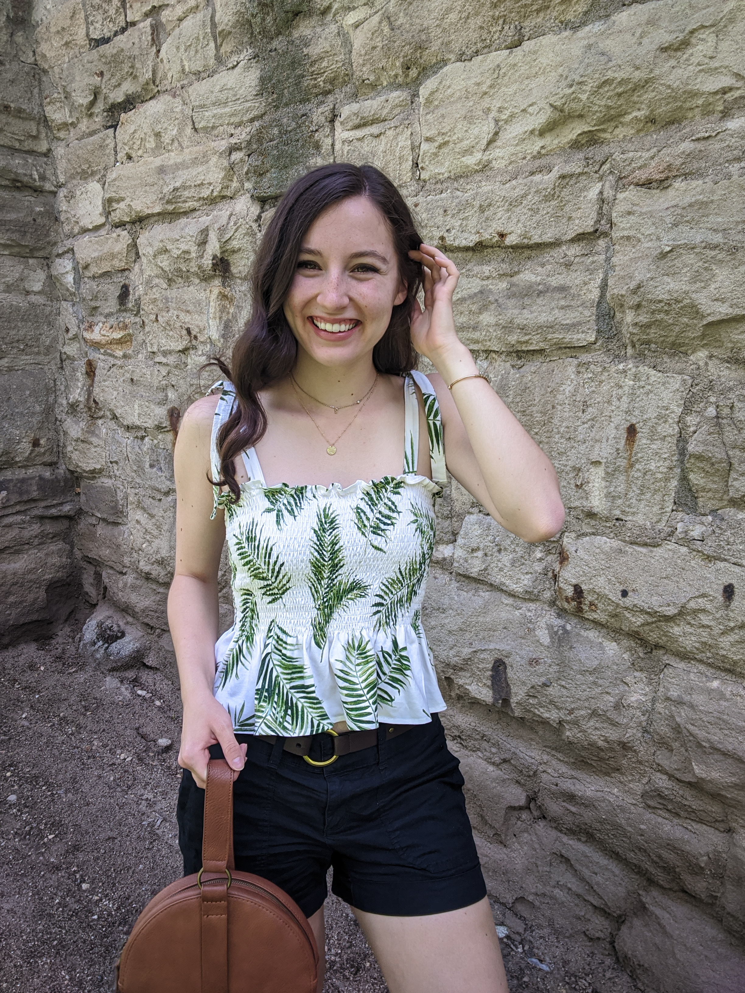 dainty-layered-necklaces-palm-print-peplum-top