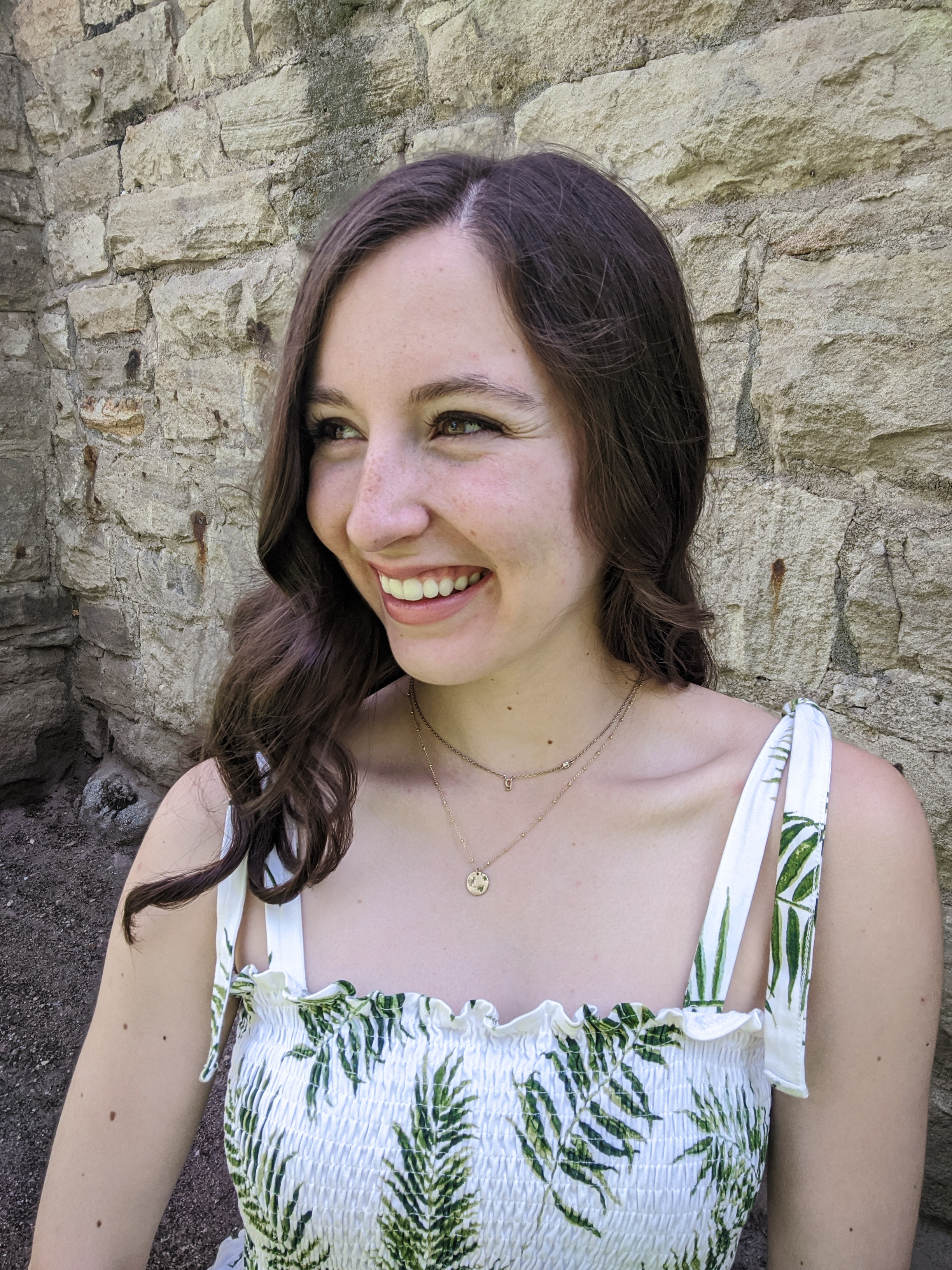 palm-print-smocked-top-self-tie-straps-brown-curled-hair