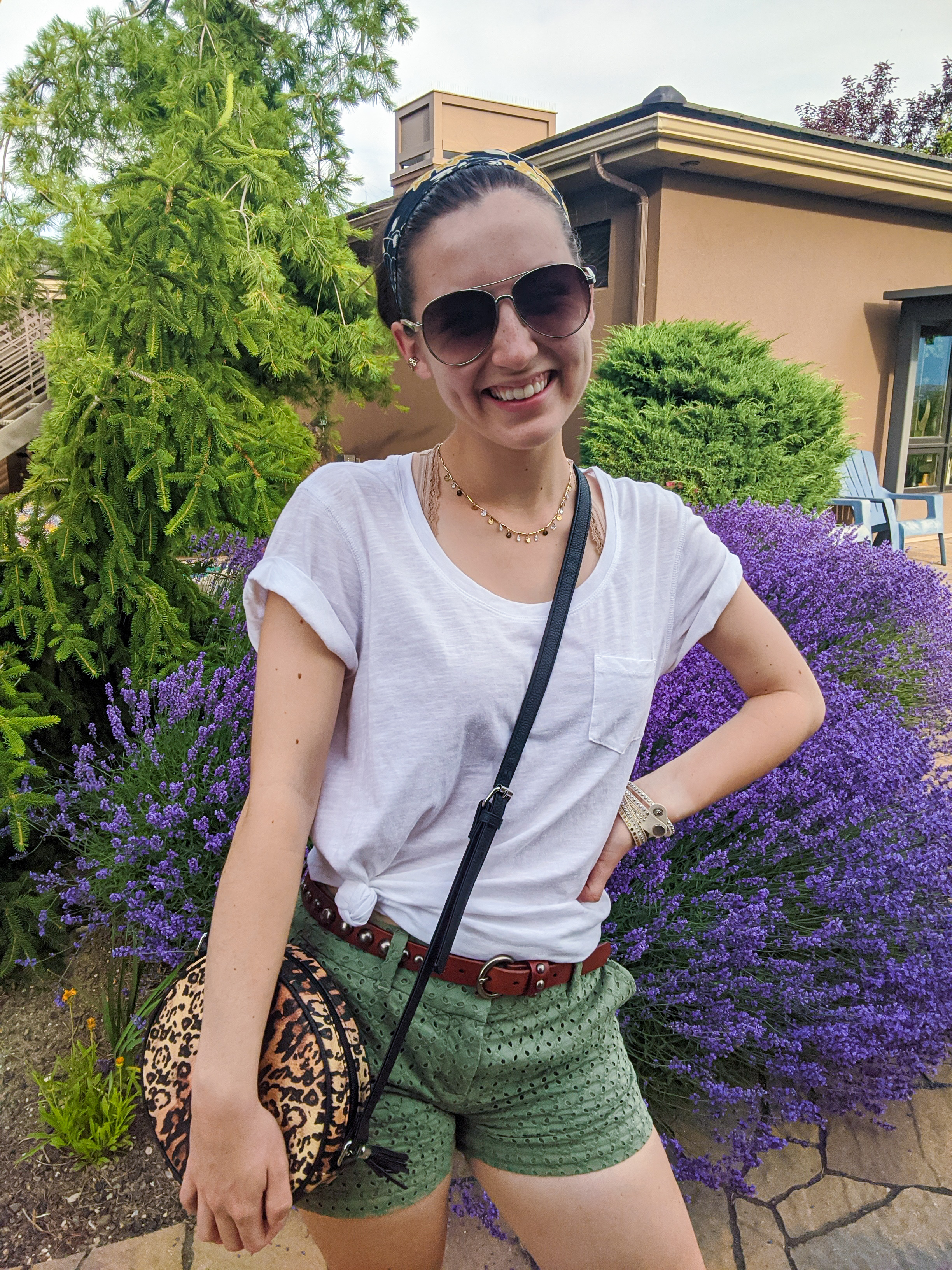 green-eyelet-shorts-white-tee-leopard-purse
