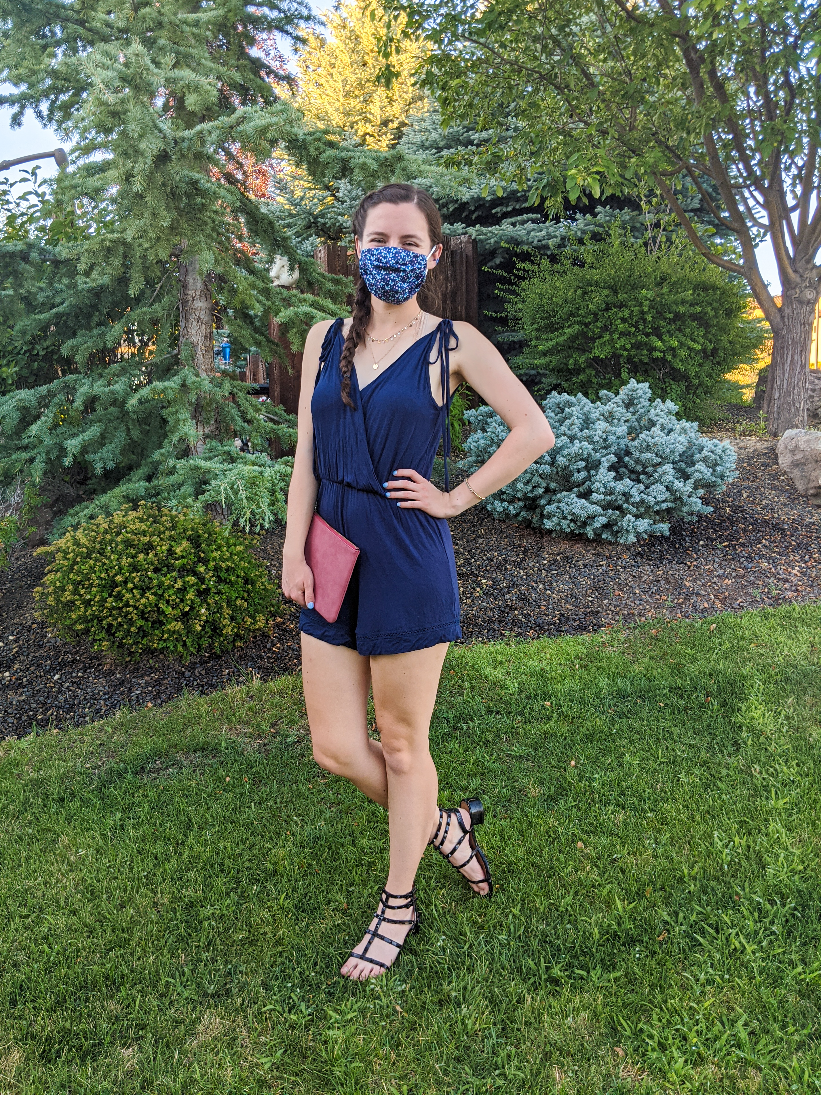 navy-blue-romper-floral-face-mask-black-sandals