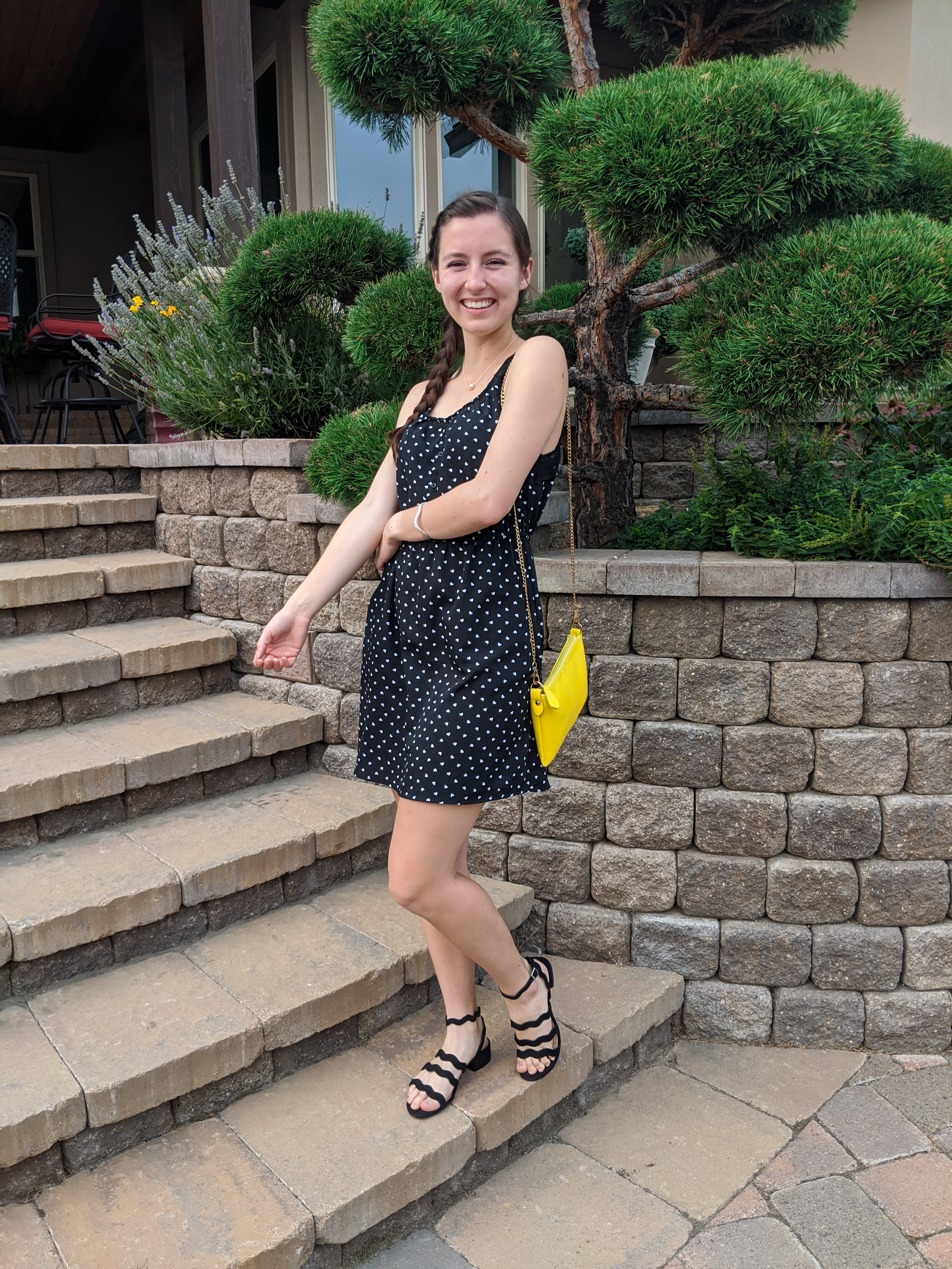 dotted-dress-black-white-yellow-purse-pop-of-color