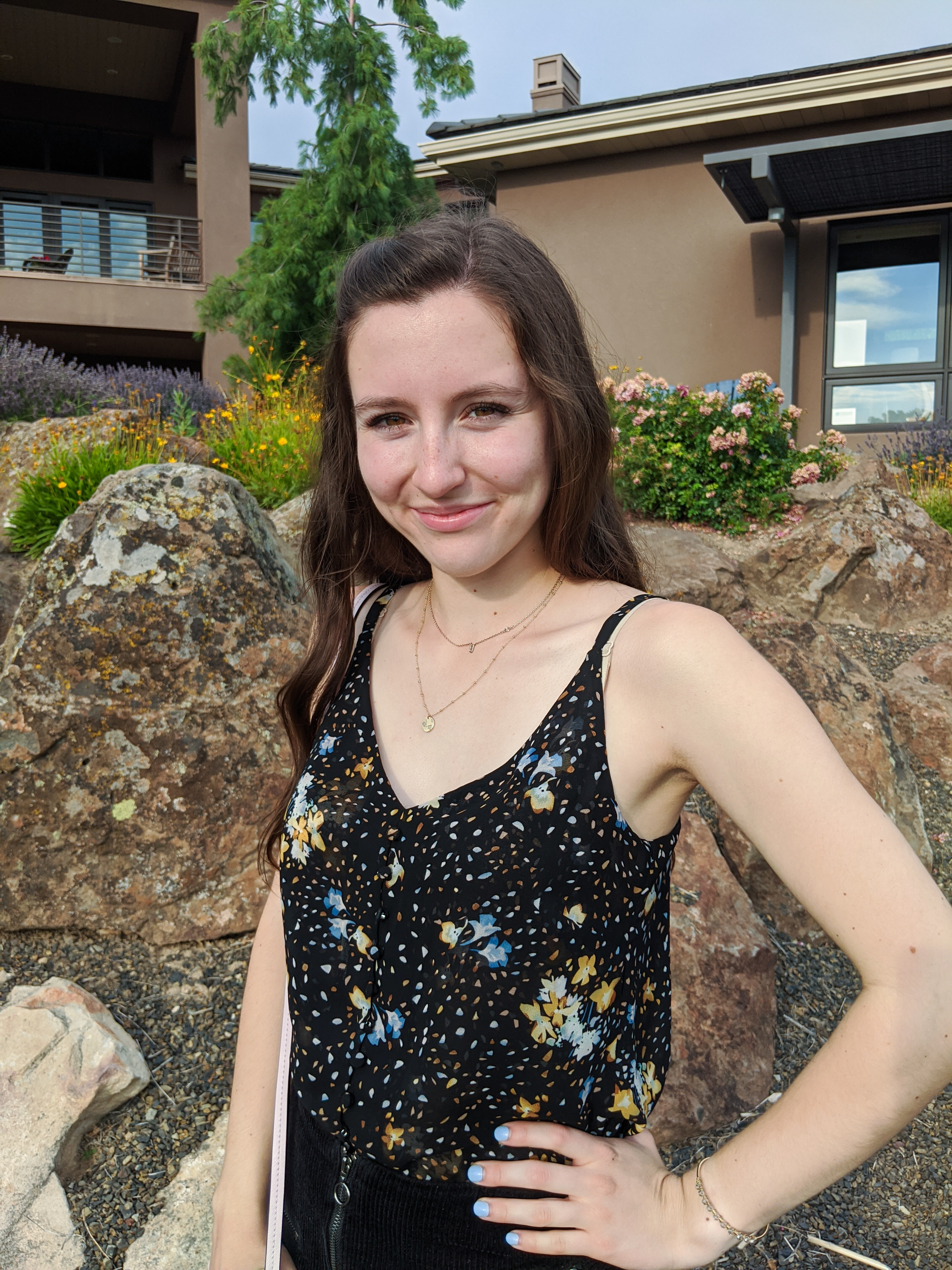 black-floral-top-Cabi-clothing-blue-nail-polish