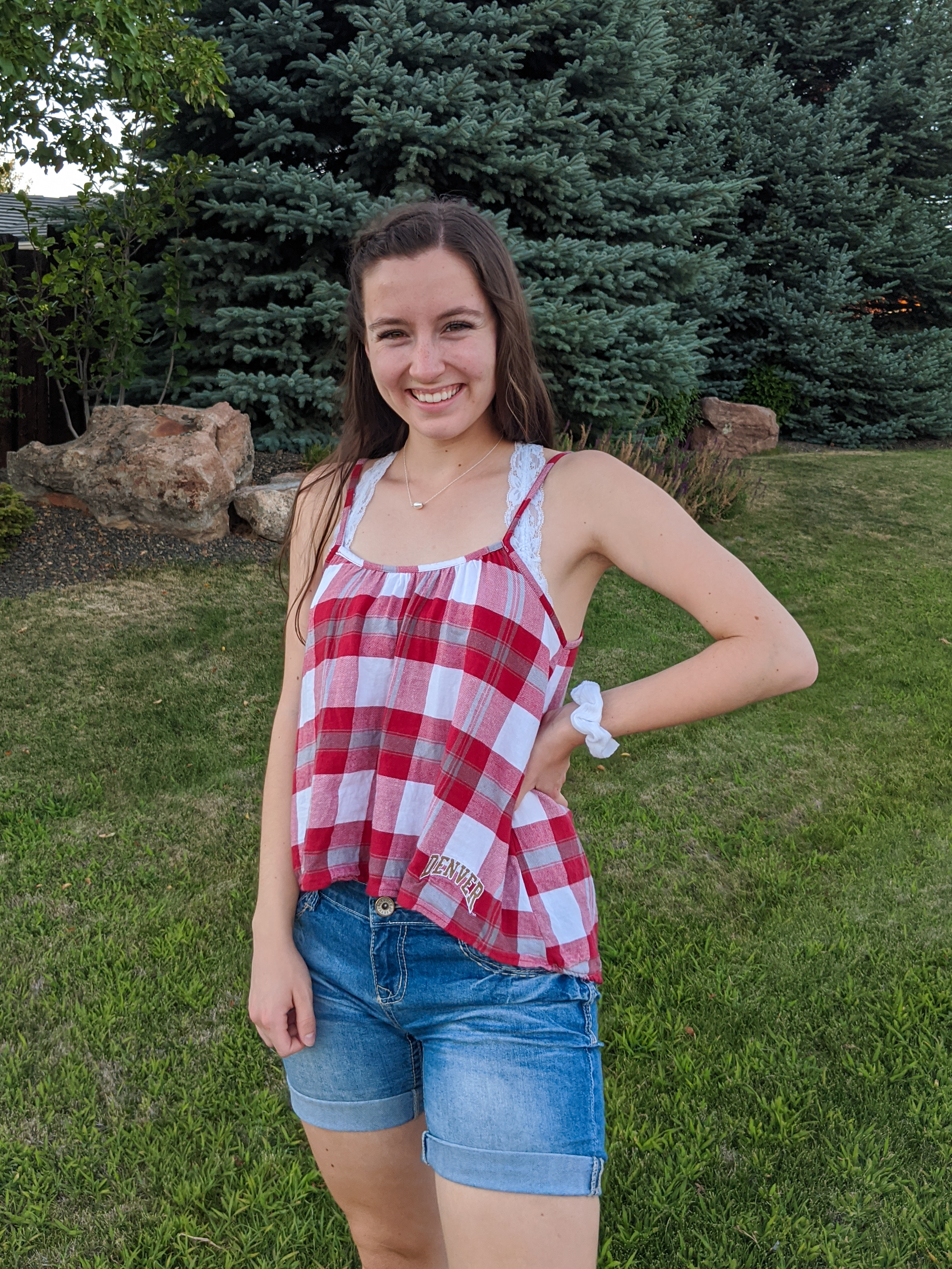 red-top-school-logo-spirit-wear-denim-shorts