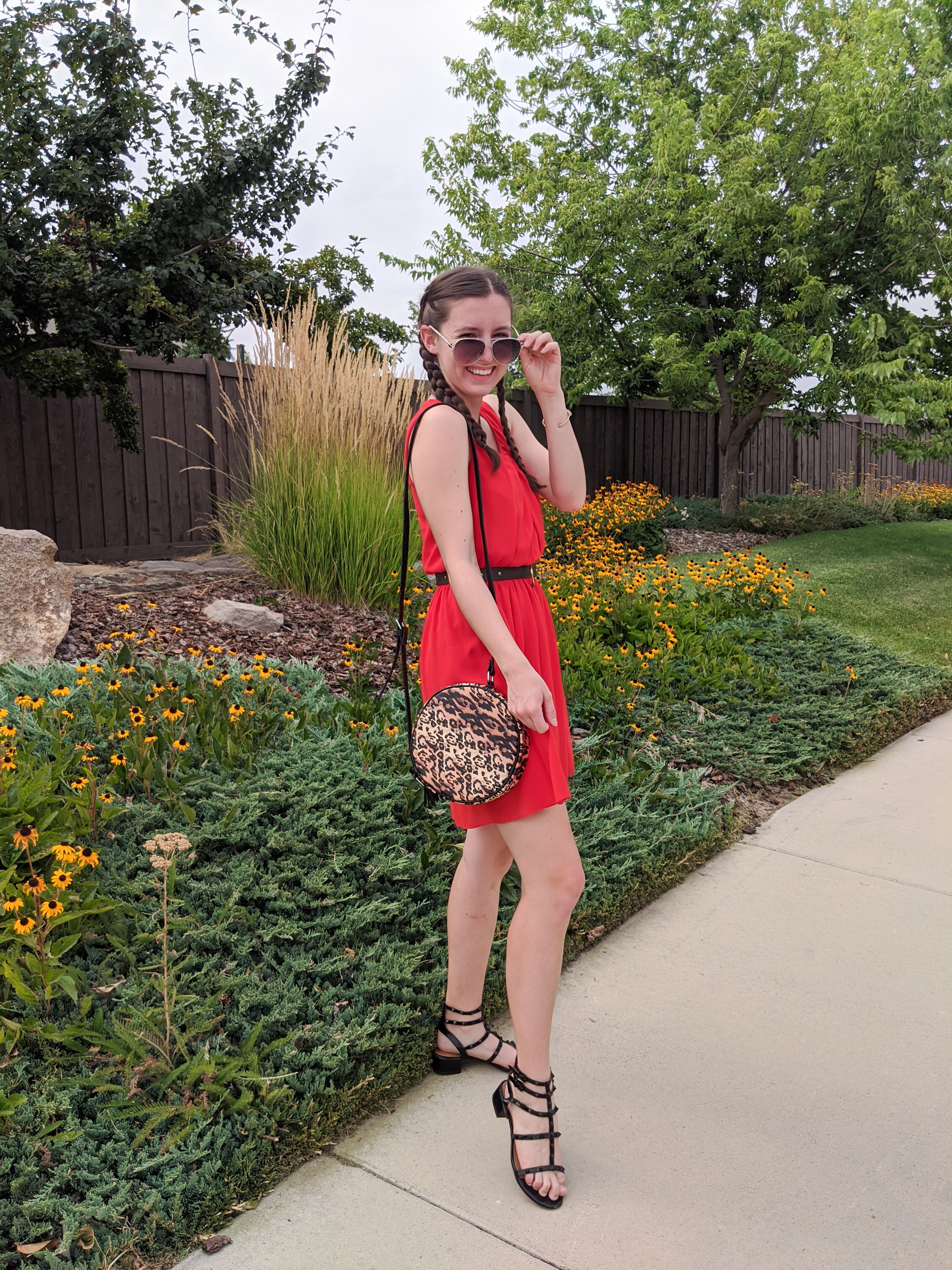 leopard-purse-dsw-black-studded-sandals-orange-dress-aviator-sunglasses