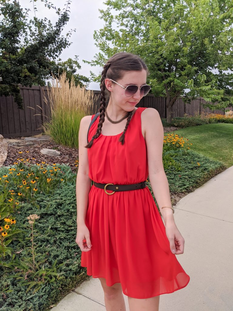 orange-dress-brown-belt-cabi-clothing