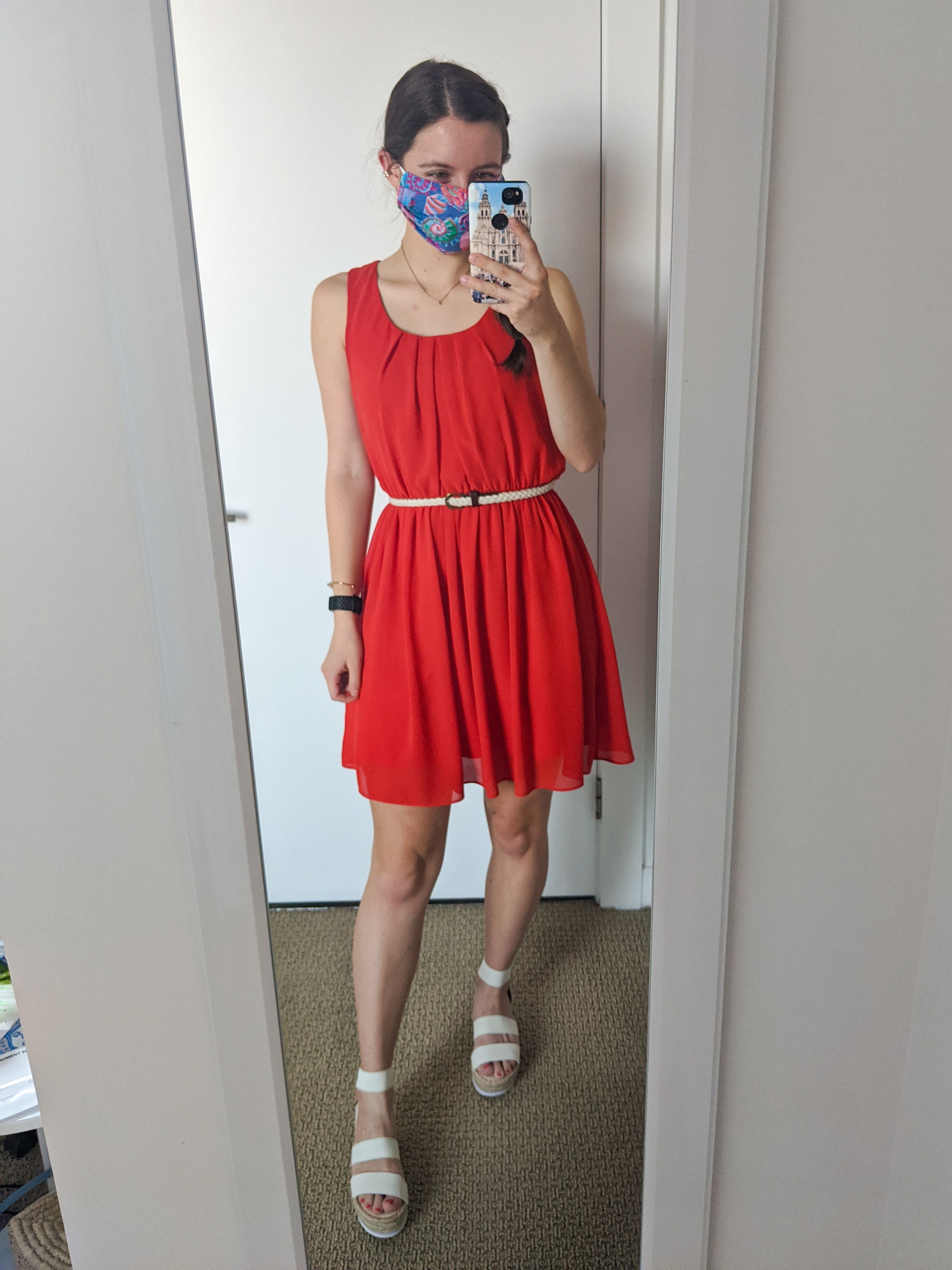 college-fashion-orange-dress-white-elastic-sandals